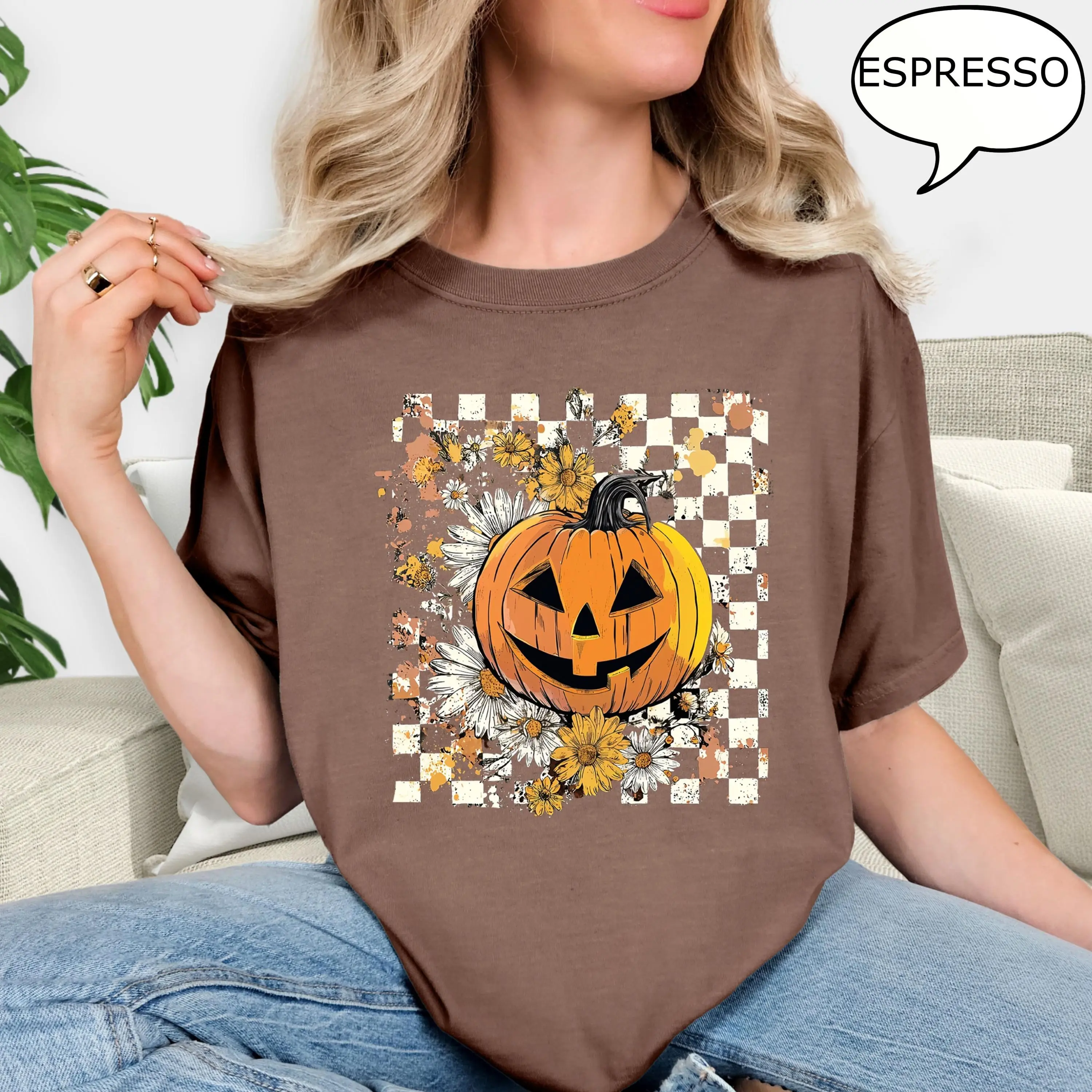 Comfort Colors Checkered Floral T-Shirt, Vintage Fall Pumpkin Witch Graphic Tee, Autumn Thanksgiving Gift