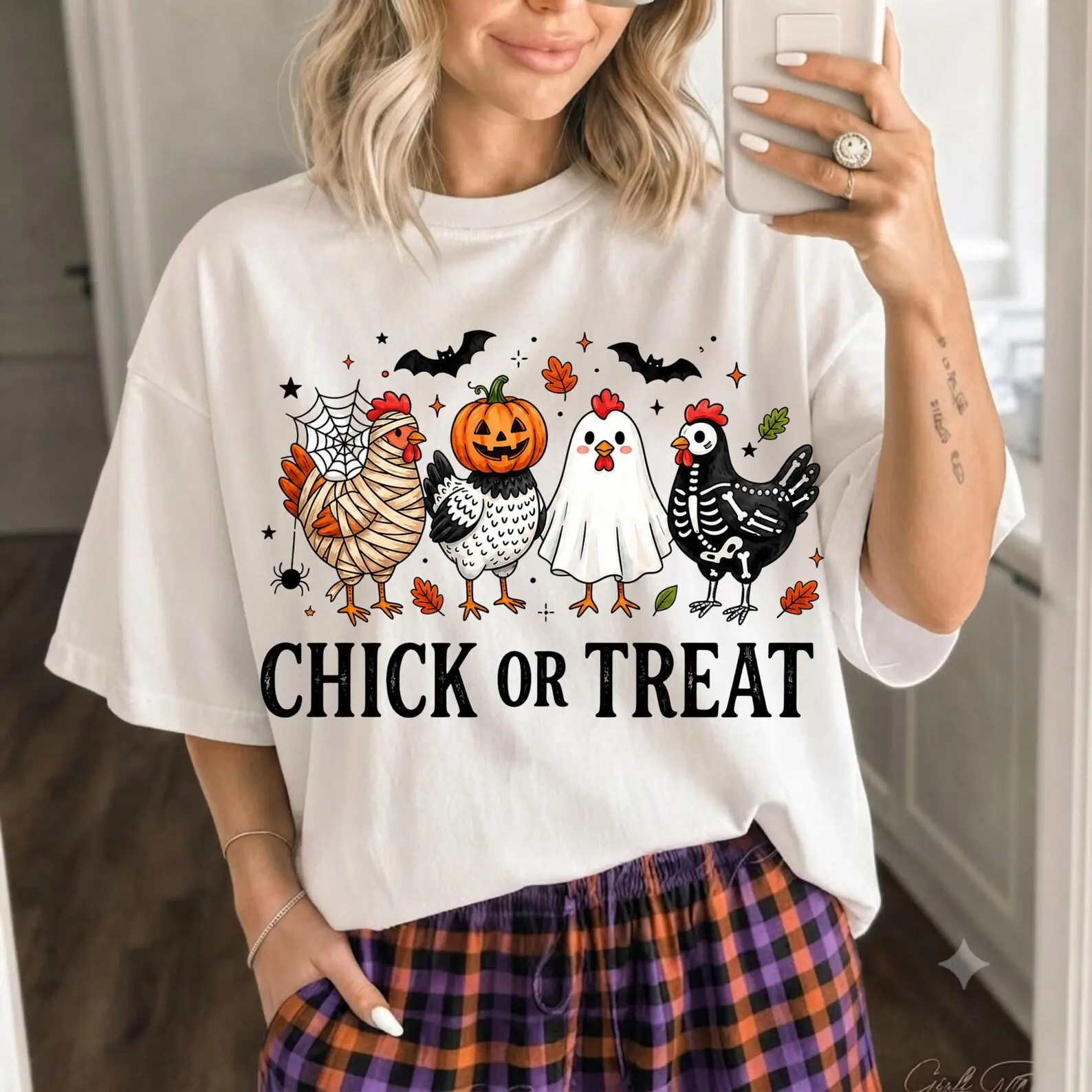 Comfort Colors Chick or Treat Shirt, Spooky Ghost Funny Farm Animal Tee, Retro Halloween Graphic Top - photo 3