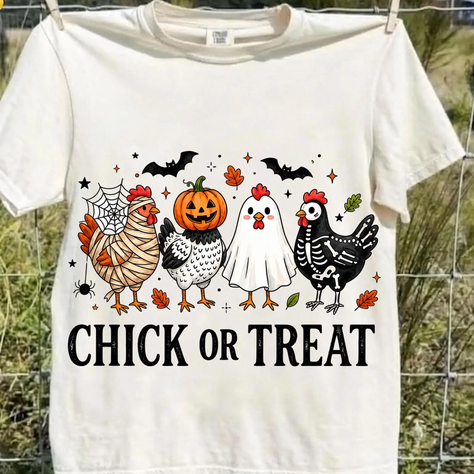 Comfort Colors Chick or Treat Shirt, Spooky Ghost Funny Farm Animal Tee, Retro Halloween Graphic Top - photo 4