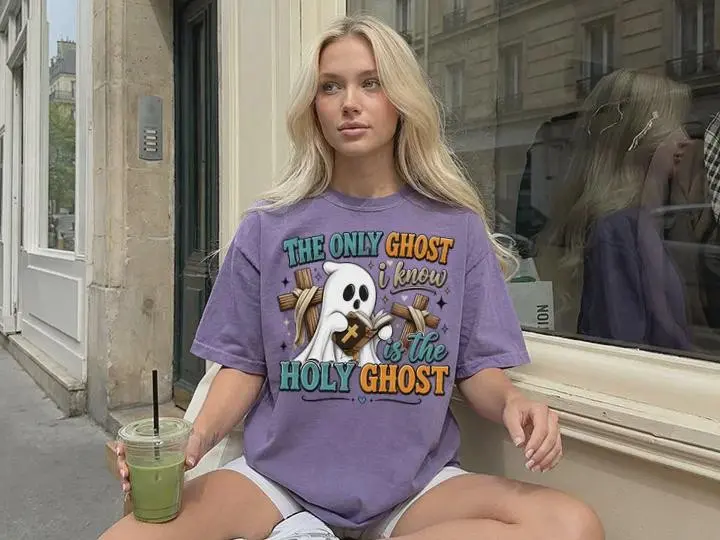 Comfort Colors Christian Ghost Halloween Sweatshirt, Religious Scripture Bible Verse Cross Graphic Gift - photo 4