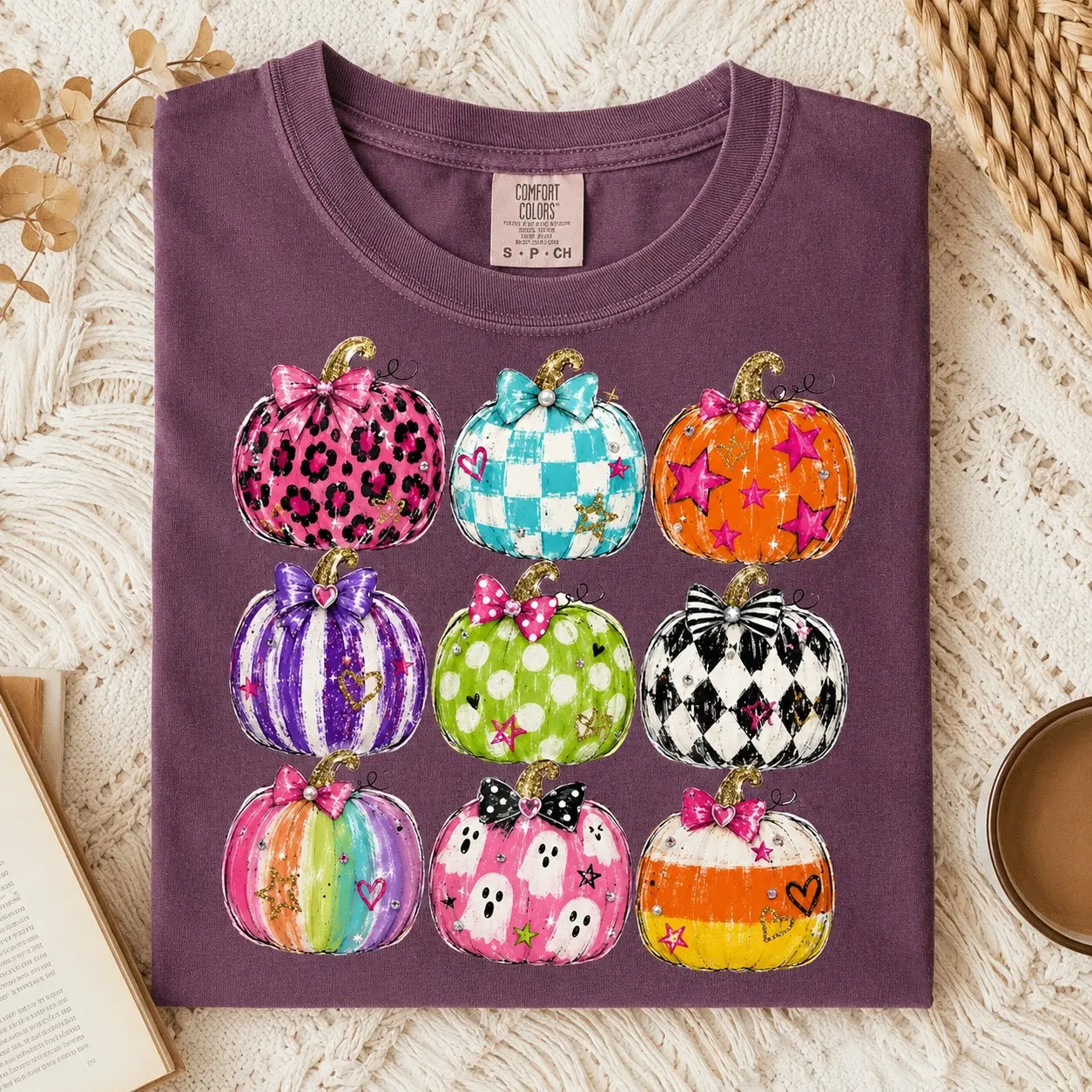 Comfort Colors Colorful Bow Pumpkin Grid Shirt, Cute Coquette October Halloween Party Sister Gift