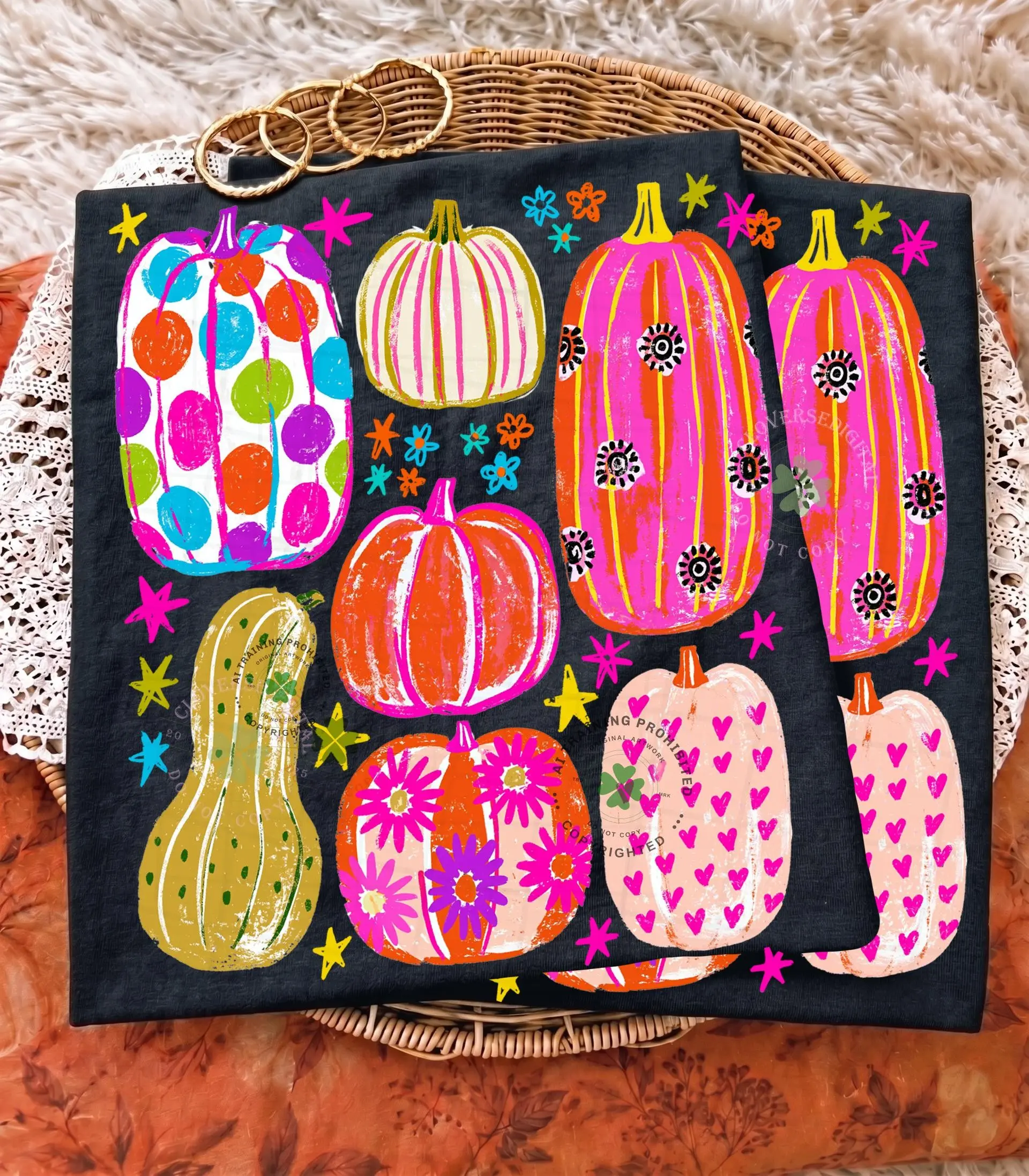 Comfort Colors Colorful Pumpkin Shirt, Hand Drawn Collage Trendy Autumn Flowers Stars Cute Halloween Tee