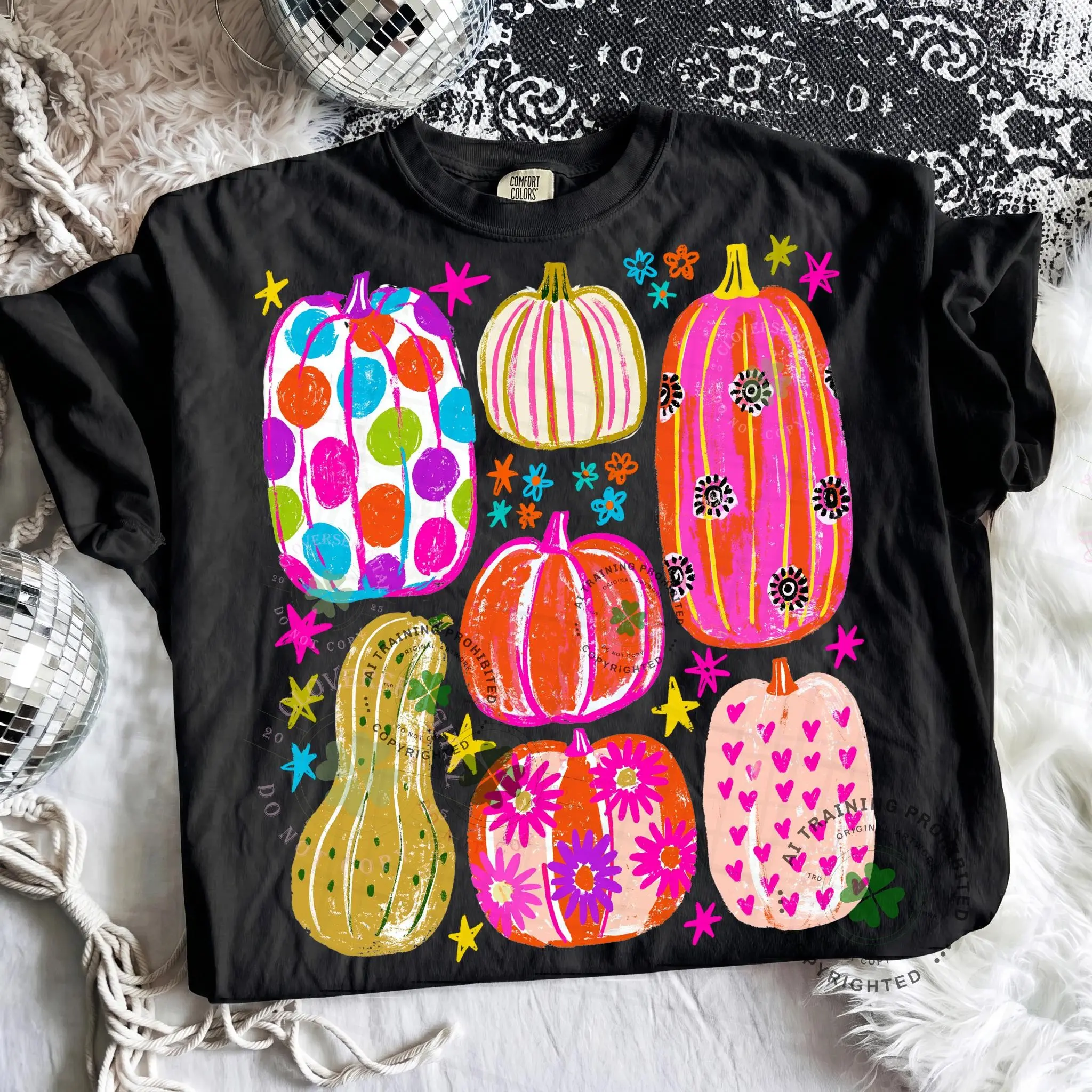 Comfort Colors Colorful Pumpkin Shirt, Hand Drawn Collage Trendy Autumn Flowers Stars Cute Halloween Tee - photo 2