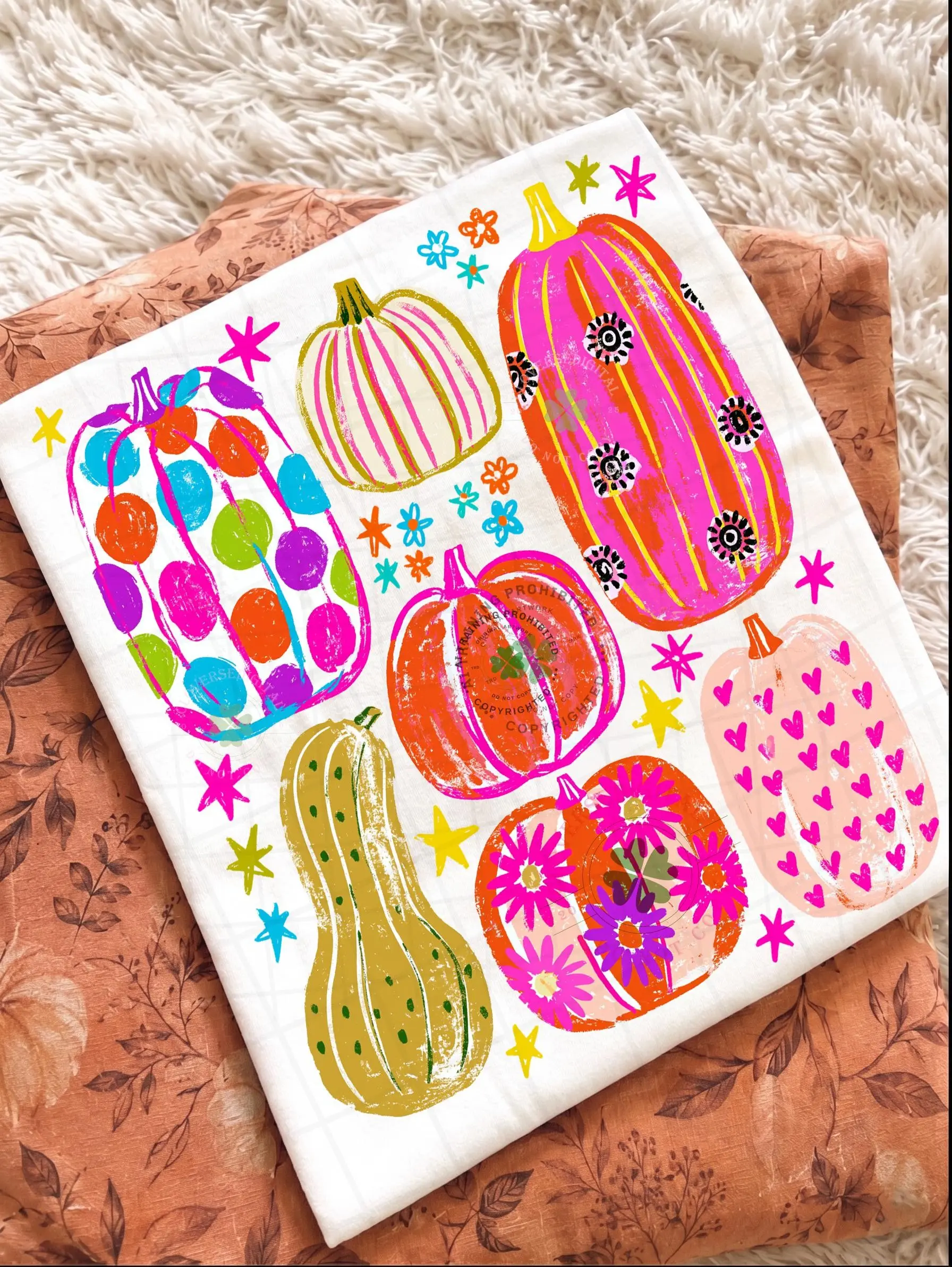 Comfort Colors Colorful Pumpkin Shirt, Hand Drawn Collage Trendy Autumn Flowers Stars Cute Halloween Tee - photo 3
