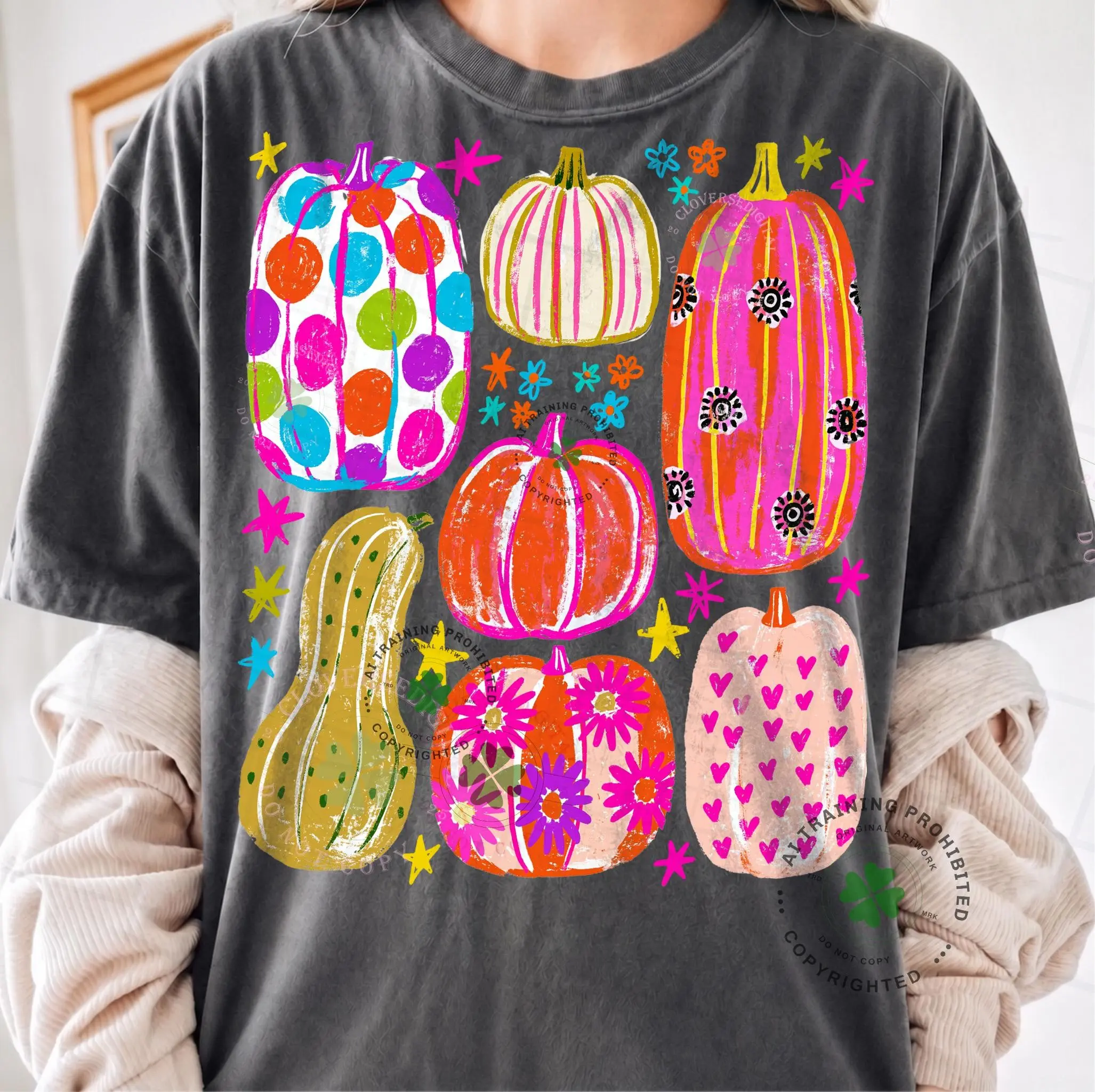Comfort Colors Colorful Pumpkin Shirt, Hand Drawn Collage Trendy Autumn Flowers Stars Cute Halloween Tee - photo 5
