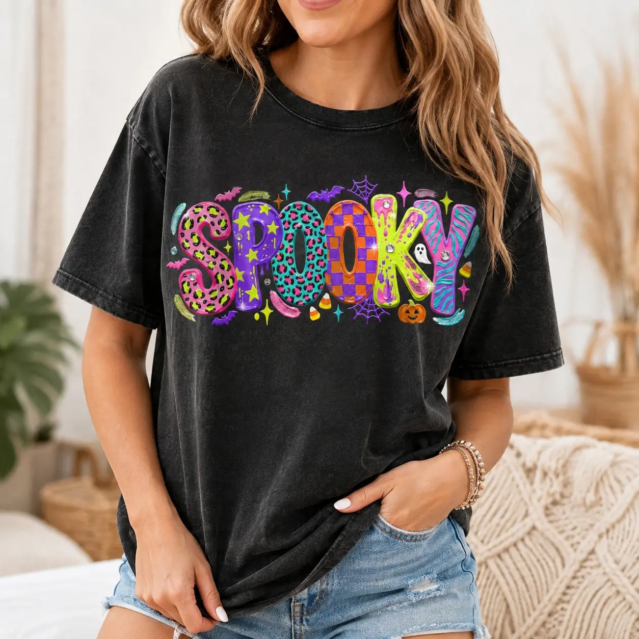 Comfort Colors Colorful Retro Spooky Letters Ghost Pumpkin Shirts for Women Halloween Party