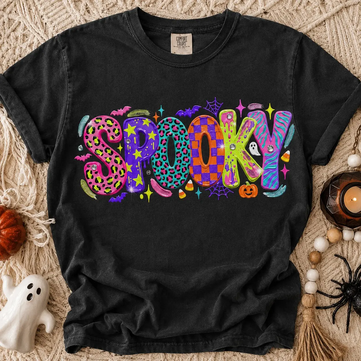 Comfort Colors Colorful Retro Spooky Letters Ghost Pumpkin Shirts for Women Halloween Party - photo 2