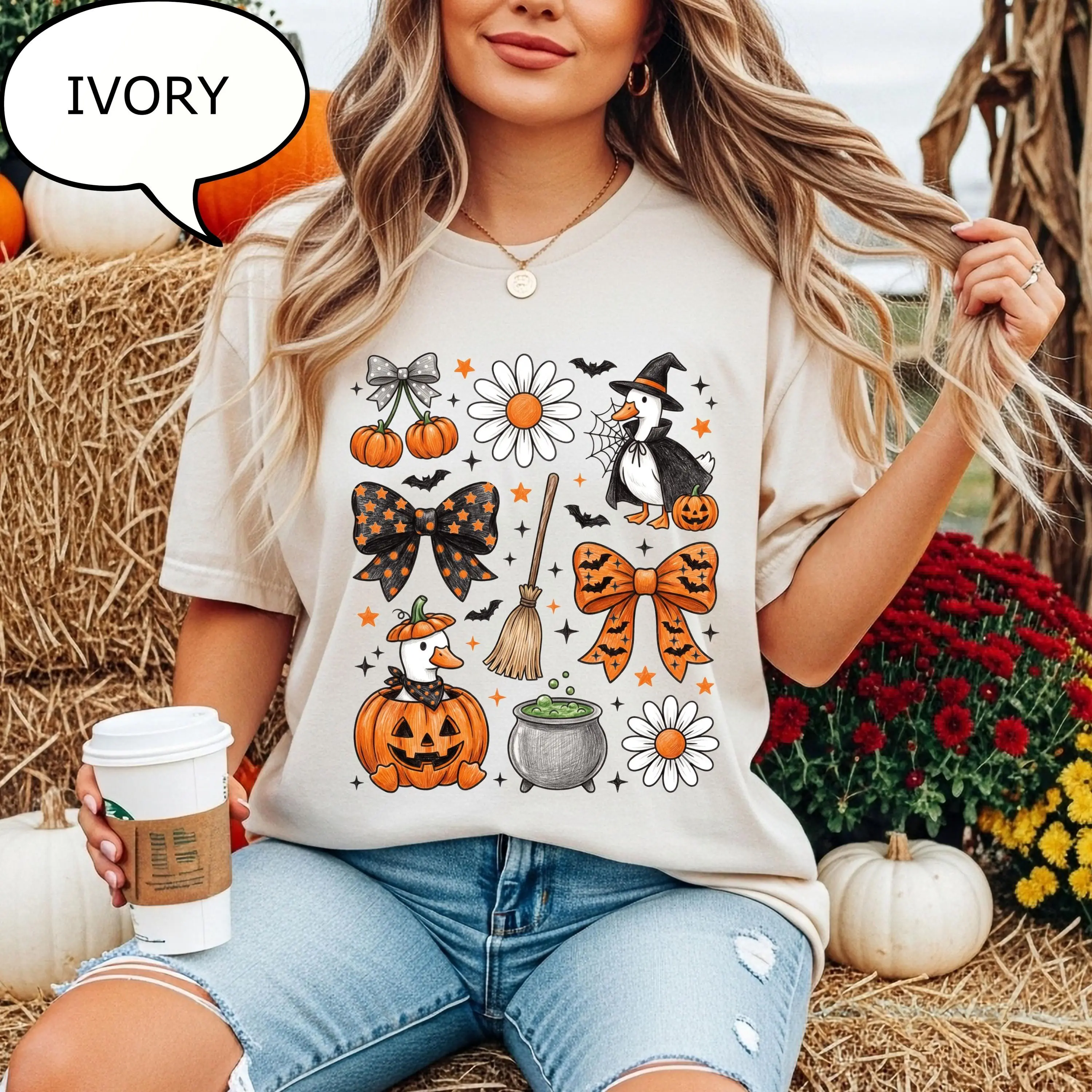 Comfort Colors Coquette Bow Halloween T-Shirt, Spooky Duck Farm Graphic Tee, Cute Fall Gift