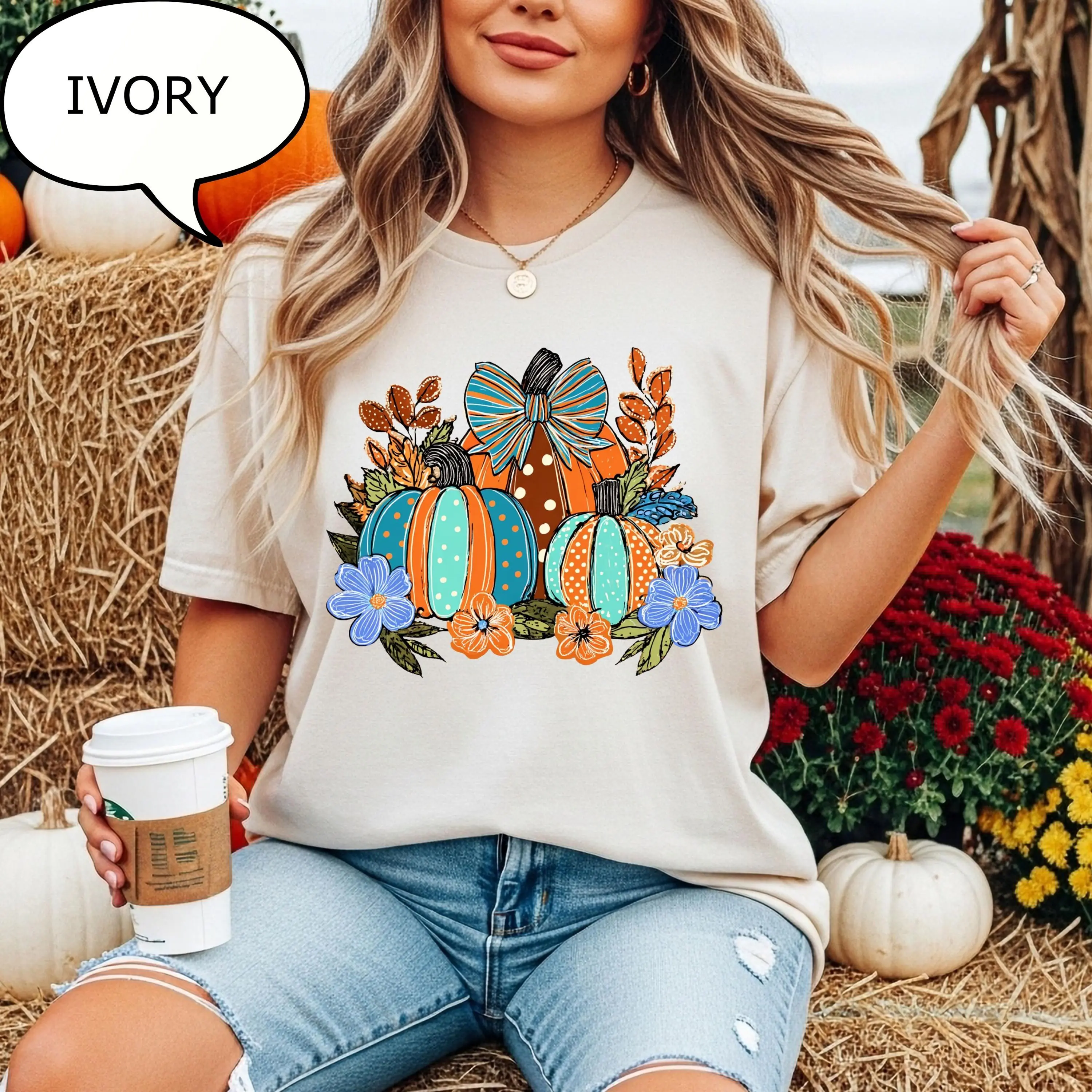 Comfort Colors Coquette Bow Pumpkin T-Shirt, Autumn Floral Shirt, Thanksgiving gift