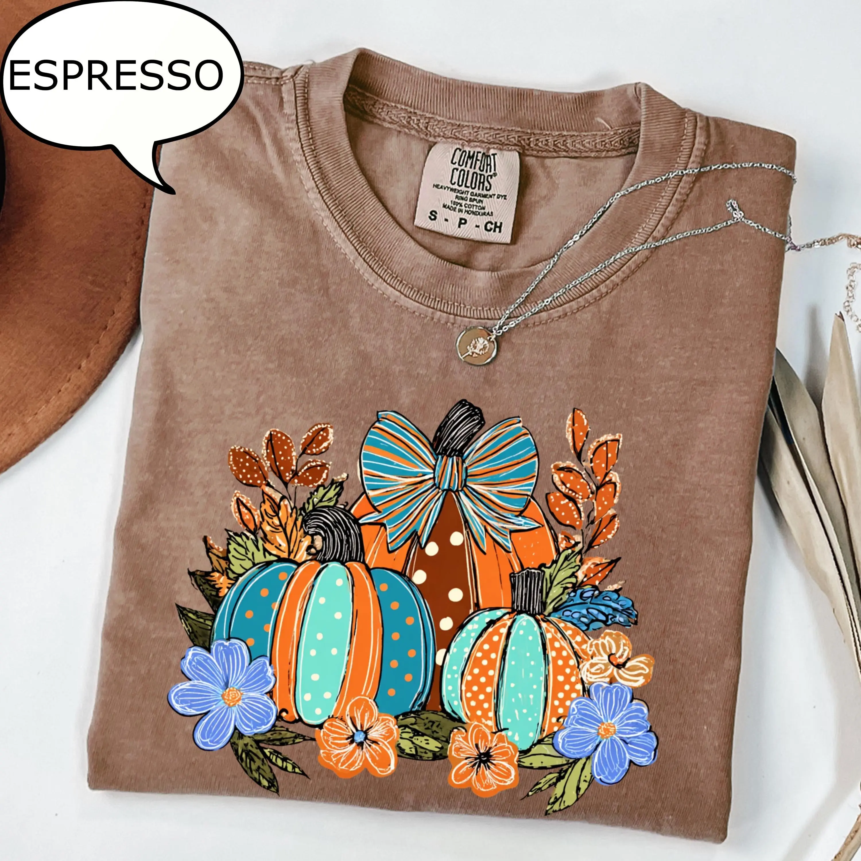 Comfort Colors Coquette Bow Pumpkin T-Shirt, Autumn Floral Shirt, Thanksgiving gift - photo 2