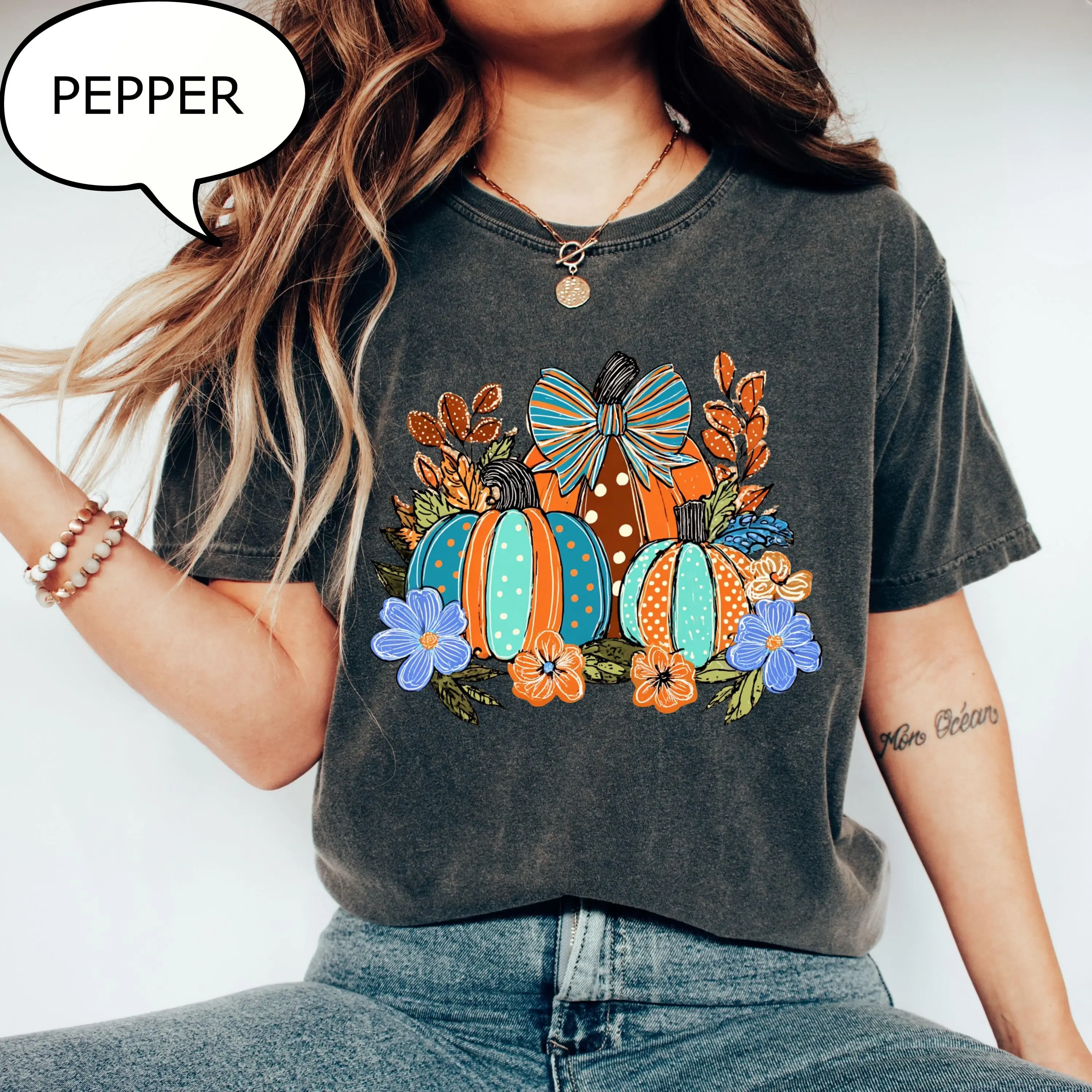 Comfort Colors Coquette Bow Pumpkin T-Shirt, Autumn Floral Shirt, Thanksgiving gift - photo 5