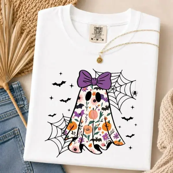 Comfort Colors Coquette Floral Ghost Shirt, Halloween Bow Tee, Cute Pumpkin Spider Web Graphic Top, Spooky Fall Gift
