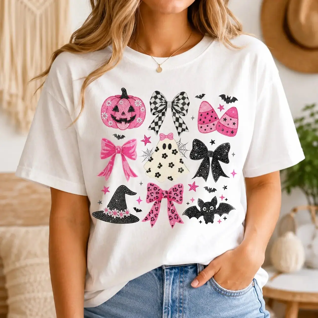 Comfort Colors Coquette Ghost Bow Witch Hat Bat T-Shirt for Women, Aesthetic Halloween Party Tee, Cute Spooky Fall Graphic Top