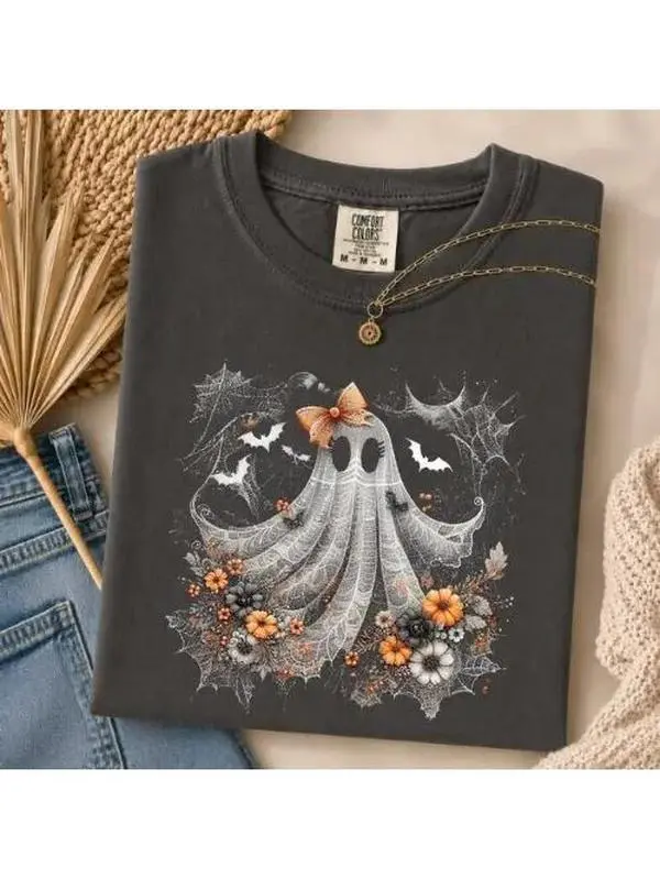 Comfort Colors Coquette Ghost Shirt, Halloween Lace Tee, Spooky Floral Spider Web Graphic Top, Cute Fall Gift for Women