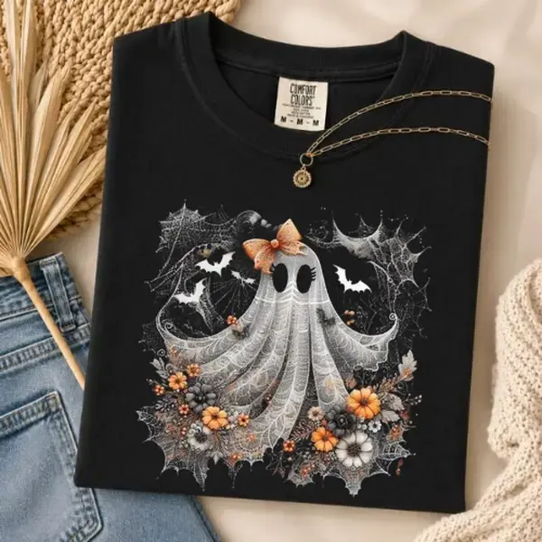 Comfort Colors Coquette Ghost Shirt, Halloween Lace Tee, Spooky Floral Spider Web Graphic Top, Cute Fall Gift for Women - photo 2