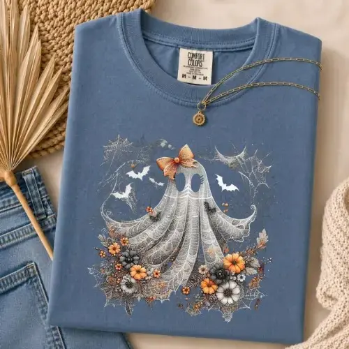 Comfort Colors Coquette Ghost Shirt, Halloween Lace Tee, Spooky Floral Spider Web Graphic Top, Cute Fall Gift for Women - photo 3