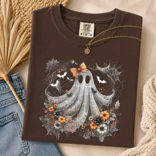 Comfort Colors Coquette Ghost Shirt, Halloween Lace Tee, Spooky Floral Spider Web Graphic Top, Cute Fall Gift for Women - photo 4