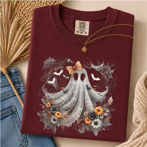 Comfort Colors Coquette Ghost Shirt, Halloween Lace Tee, Spooky Floral Spider Web Graphic Top, Cute Fall Gift for Women - photo 5