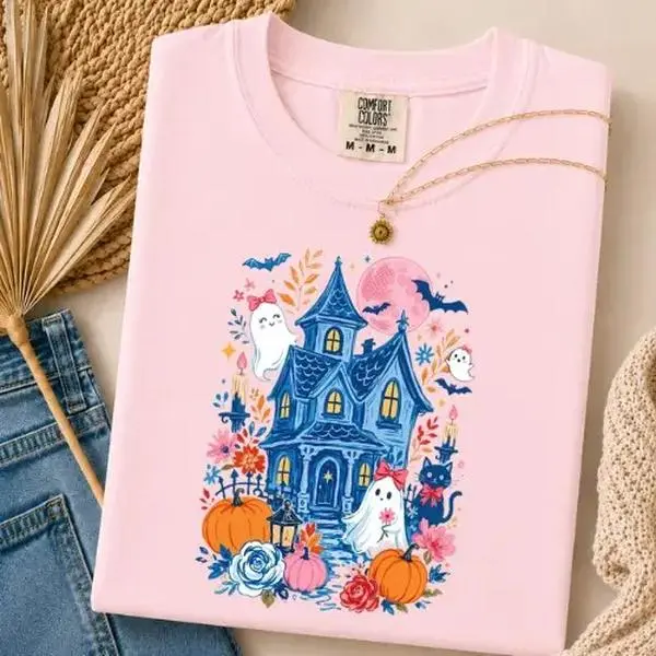 Comfort Colors Coquette Haunted House Halloween Shirt, Pink Moon Ghost Black Cat Spooky Cottage Tee