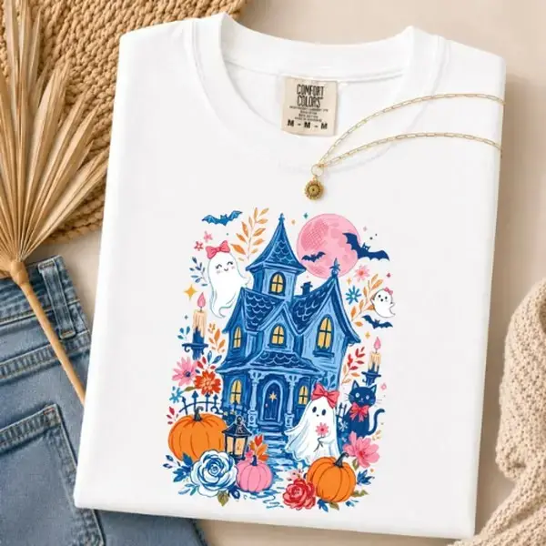 Comfort Colors Coquette Haunted House Halloween Shirt, Pink Moon Ghost Black Cat Spooky Cottage Tee - photo 2