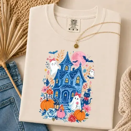 Comfort Colors Coquette Haunted House Halloween Shirt, Pink Moon Ghost Black Cat Spooky Cottage Tee - photo 3