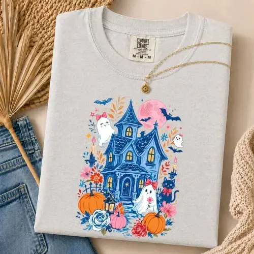 Comfort Colors Coquette Haunted House Halloween Shirt, Pink Moon Ghost Black Cat Spooky Cottage Tee - photo 4