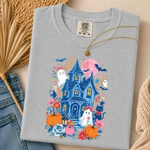 Comfort Colors Coquette Haunted House Halloween Shirt, Pink Moon Ghost Black Cat Spooky Cottage Tee - photo 5