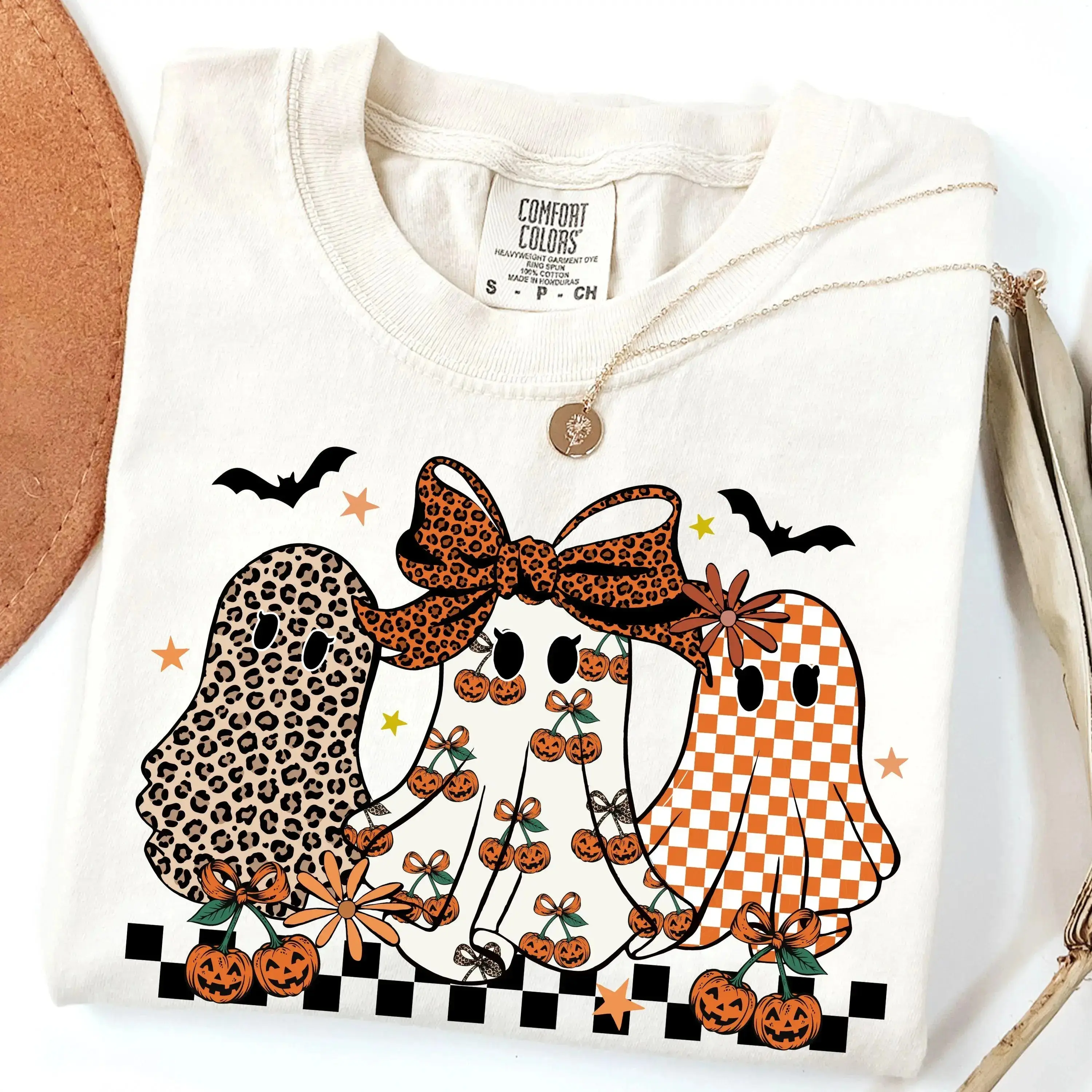 Comfort Colors Coquette Leopard Checkered Ghost Shirt, Retro Spooky Season Graphic Tee, Cute Halloween T-Shirt - photo 4