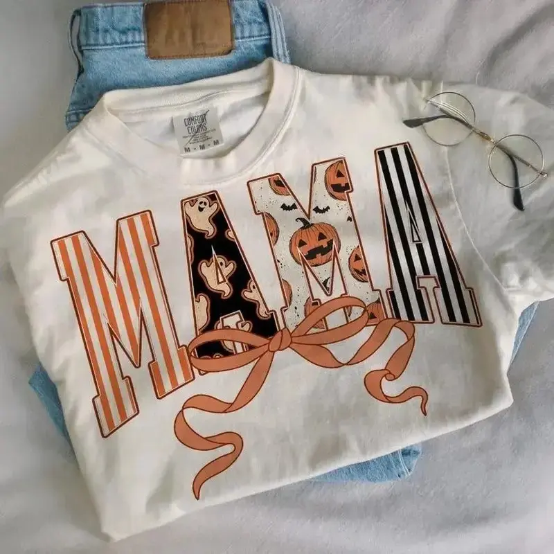 Comfort Colors Coquette Mama T-Shirt, Spooky Retro Fall Halloween Graphic Tee for Mom