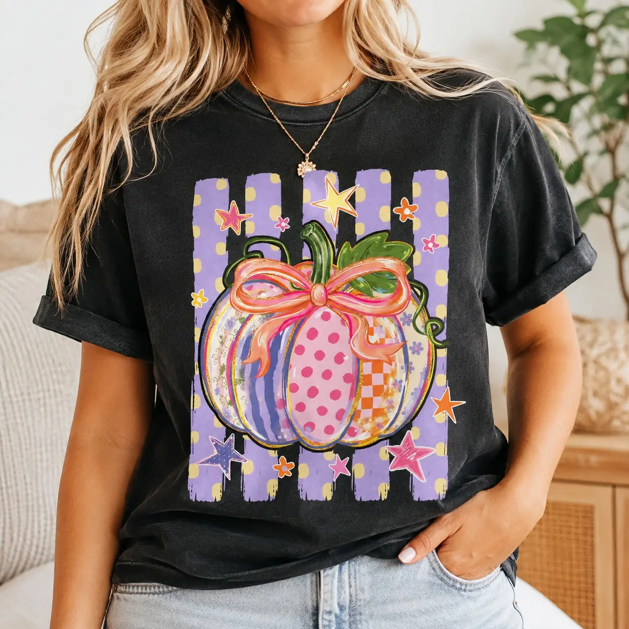 Comfort Colors Coquette Pastel Pumpkin Ribbon Bow Adults Shirts for Women Halloween Night