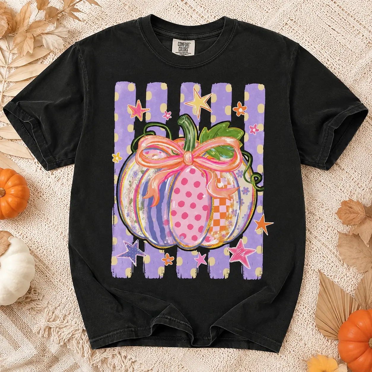 Comfort Colors Coquette Pastel Pumpkin Ribbon Bow Adults Shirts for Women Halloween Night - photo 2