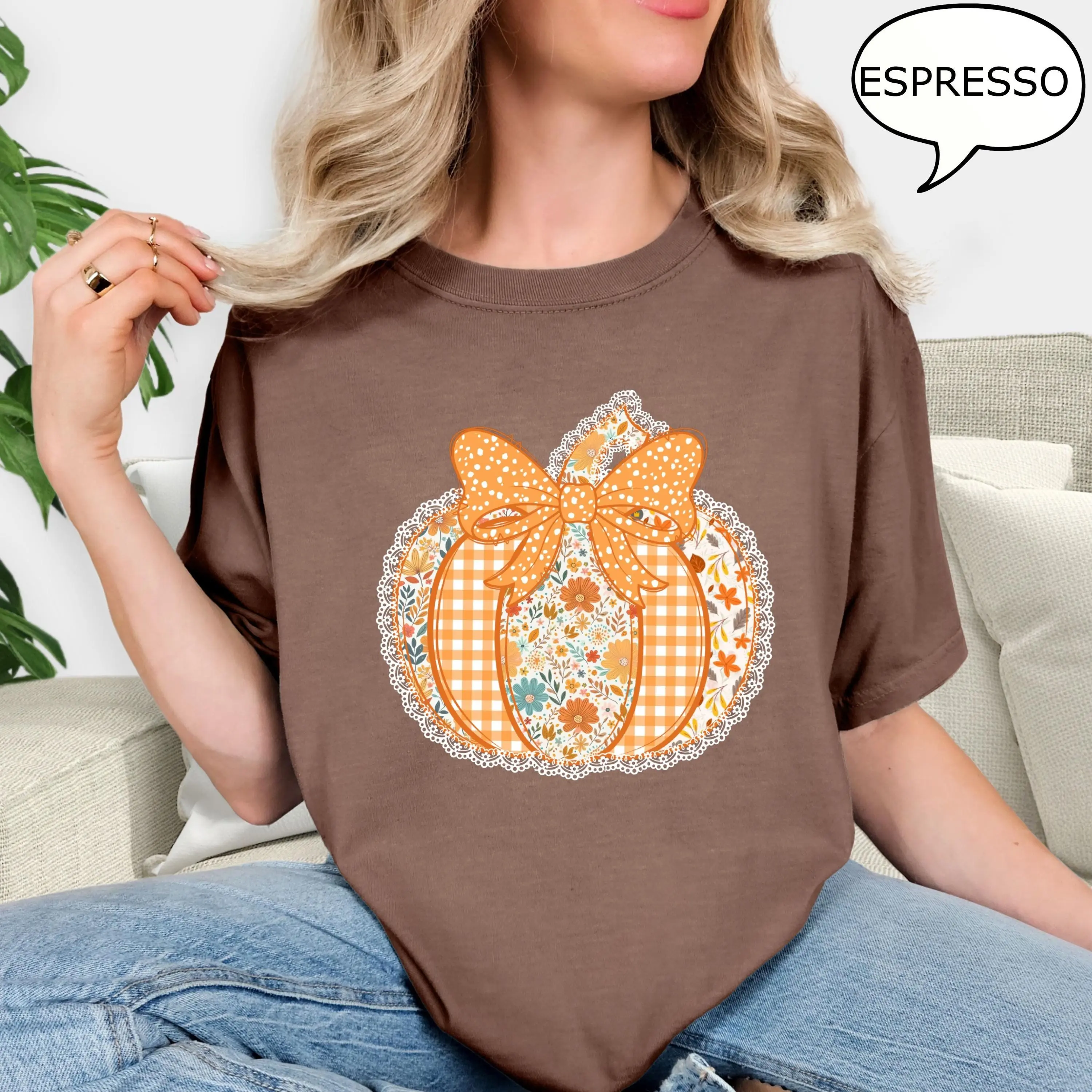 Comfort Colors Coquette Pumpkin T-Shirt, Patchwork Floral Graphic Tee, Thanksgiving Fall Gift for Women