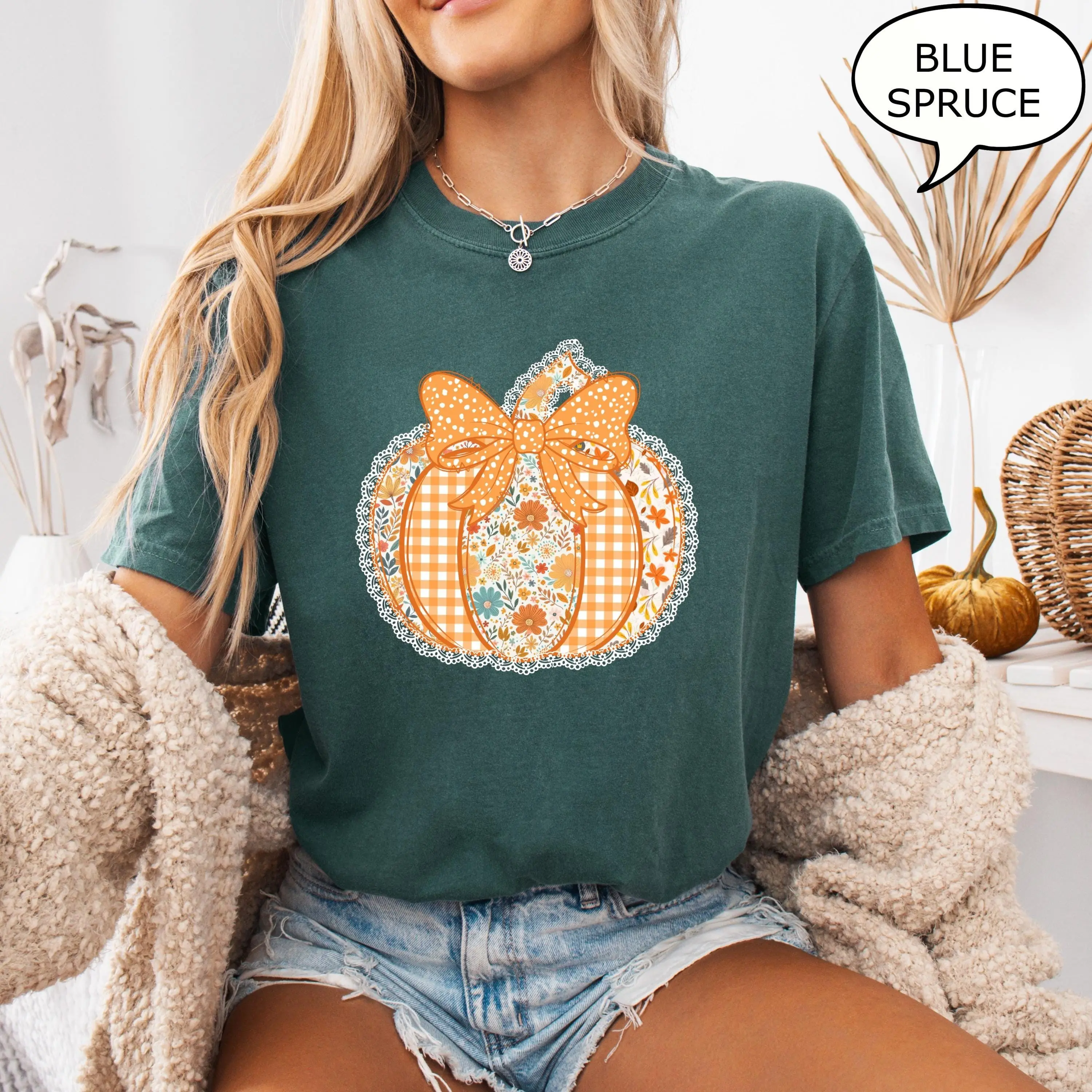 Comfort Colors Coquette Pumpkin T-Shirt, Patchwork Floral Graphic Tee, Thanksgiving Fall Gift for Women - photo 2