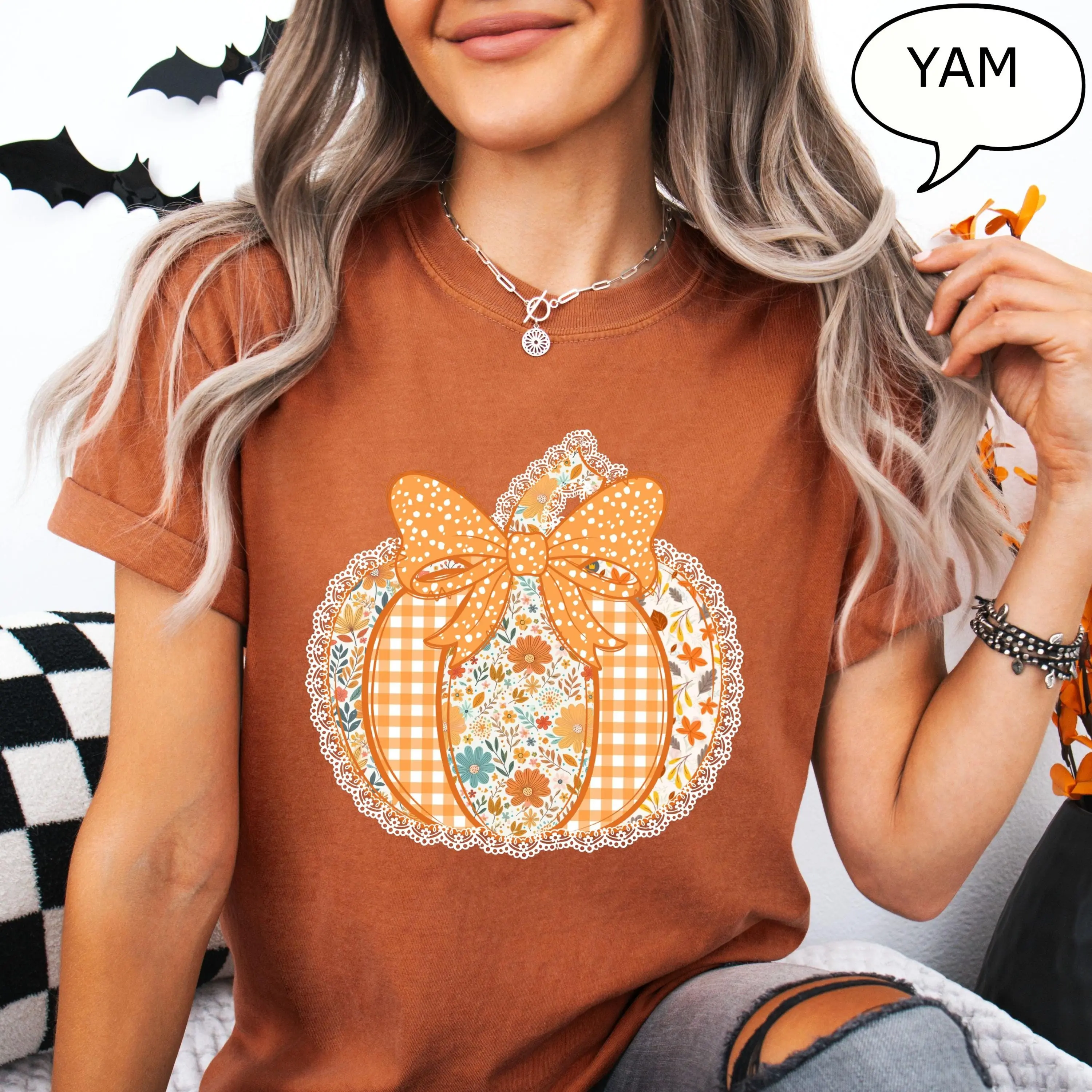 Comfort Colors Coquette Pumpkin T-Shirt, Patchwork Floral Graphic Tee, Thanksgiving Fall Gift for Women - photo 3