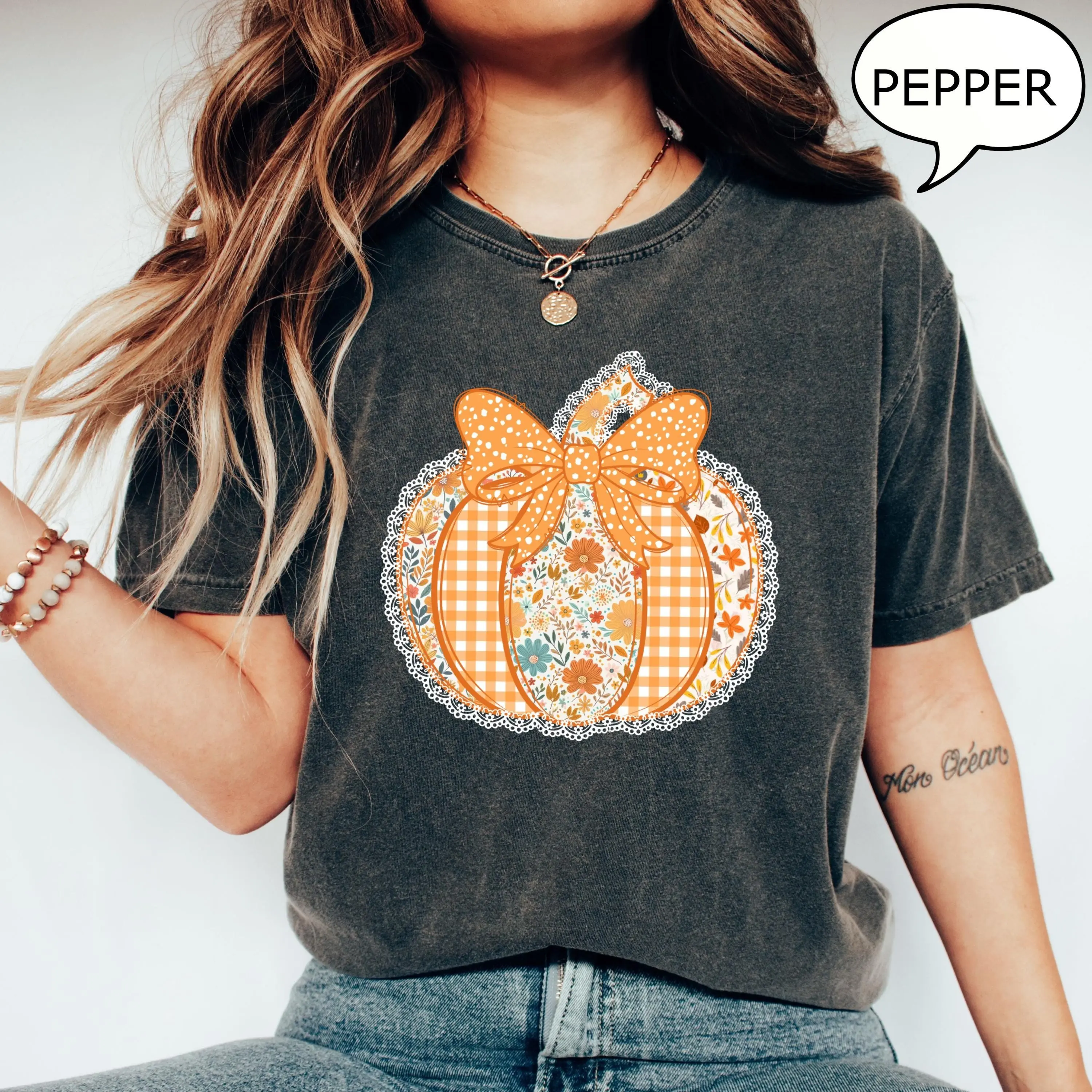 Comfort Colors Coquette Pumpkin T-Shirt, Patchwork Floral Graphic Tee, Thanksgiving Fall Gift for Women - photo 4