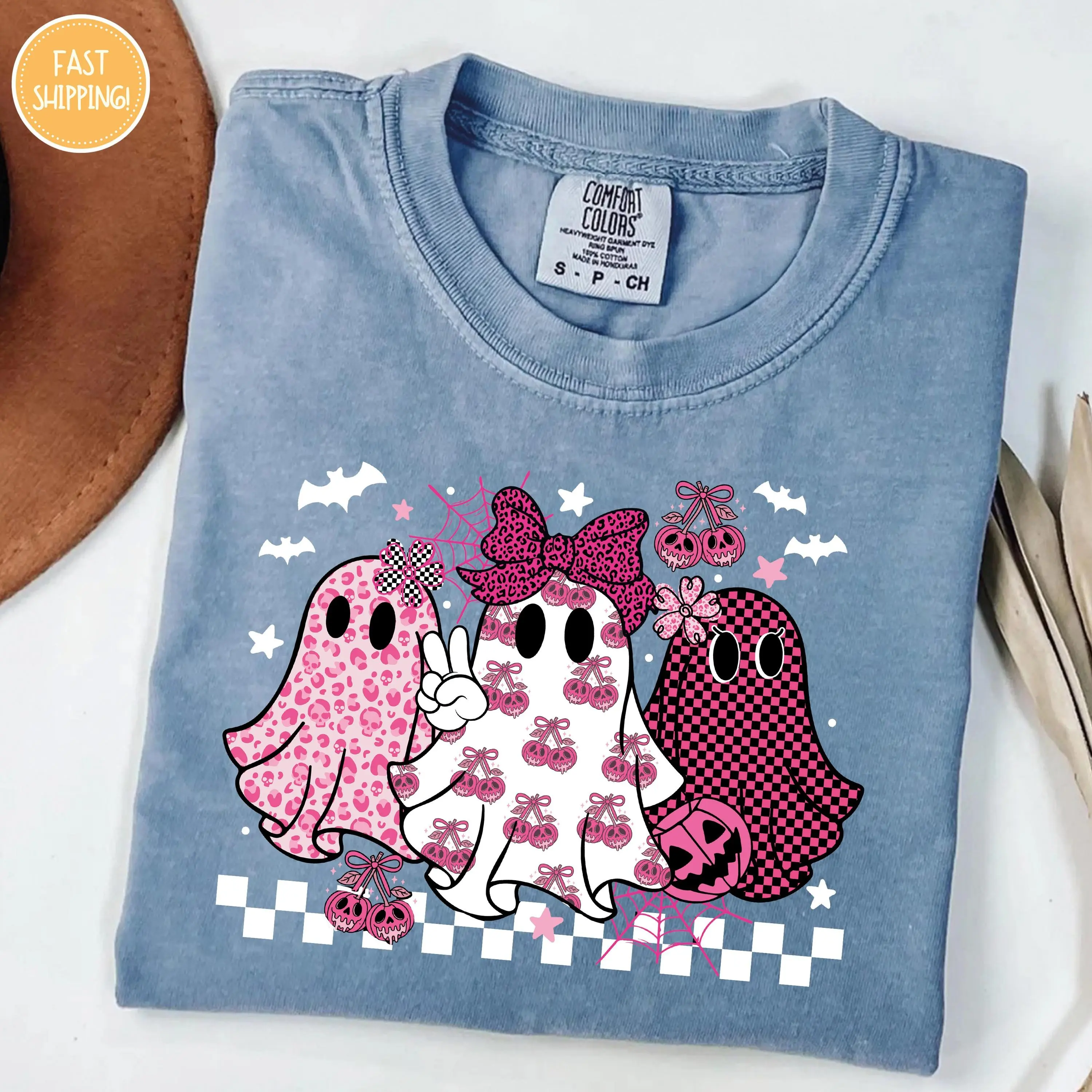 Comfort Colors Coquette Retro Leopard Checkered Ghost T-Shirt, Halloween Spooky Season Tis the Tee