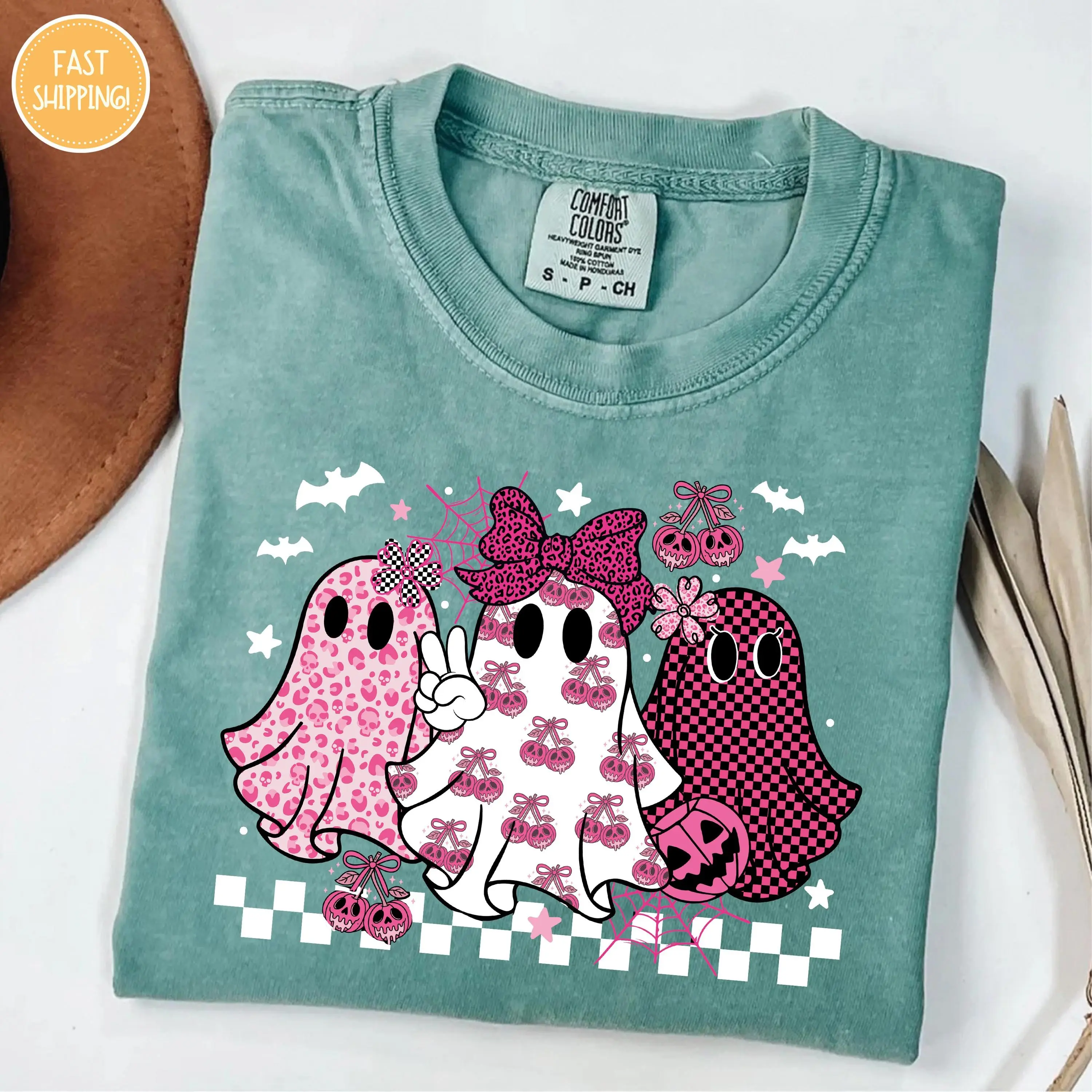 Comfort Colors Coquette Retro Leopard Checkered Ghost T-Shirt, Halloween Spooky Season Tis the Tee - photo 2