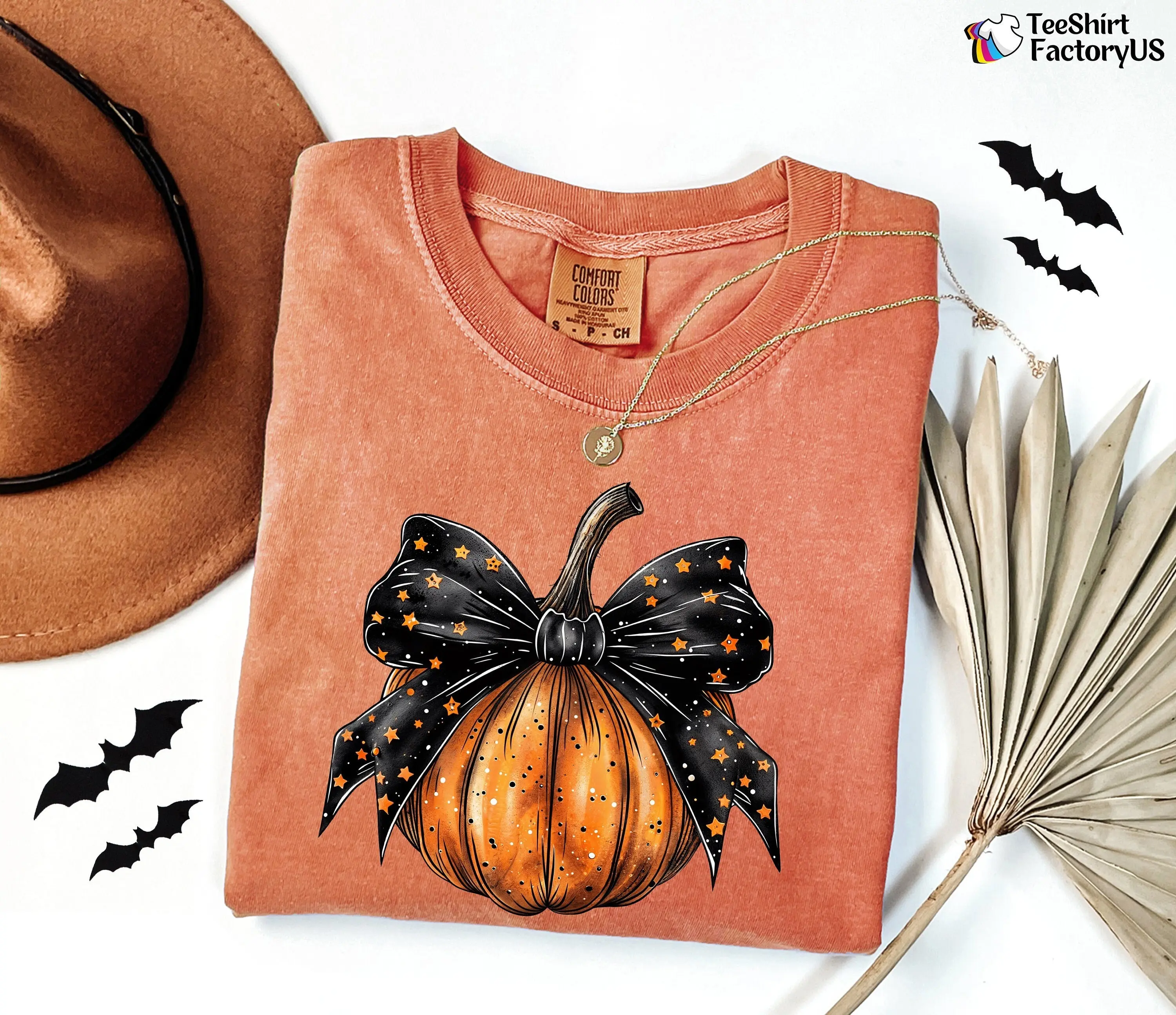 Comfort Colors Coquette Stars Bow Halloween Shirt, Cute Pumpkin Spooky Season Graphic Tee