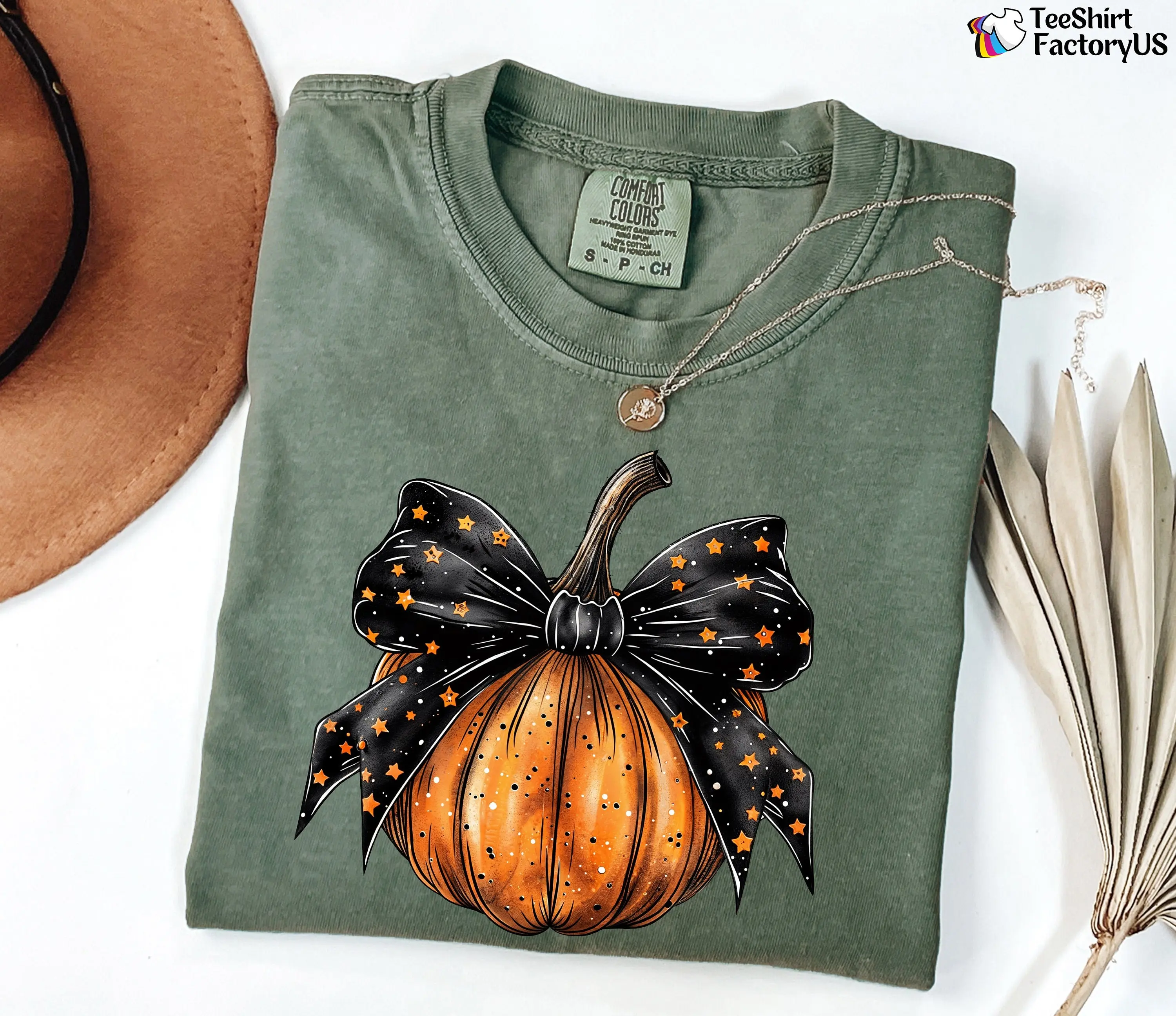 Comfort Colors Coquette Stars Bow Halloween Shirt, Cute Pumpkin Spooky Season Graphic Tee - photo 2