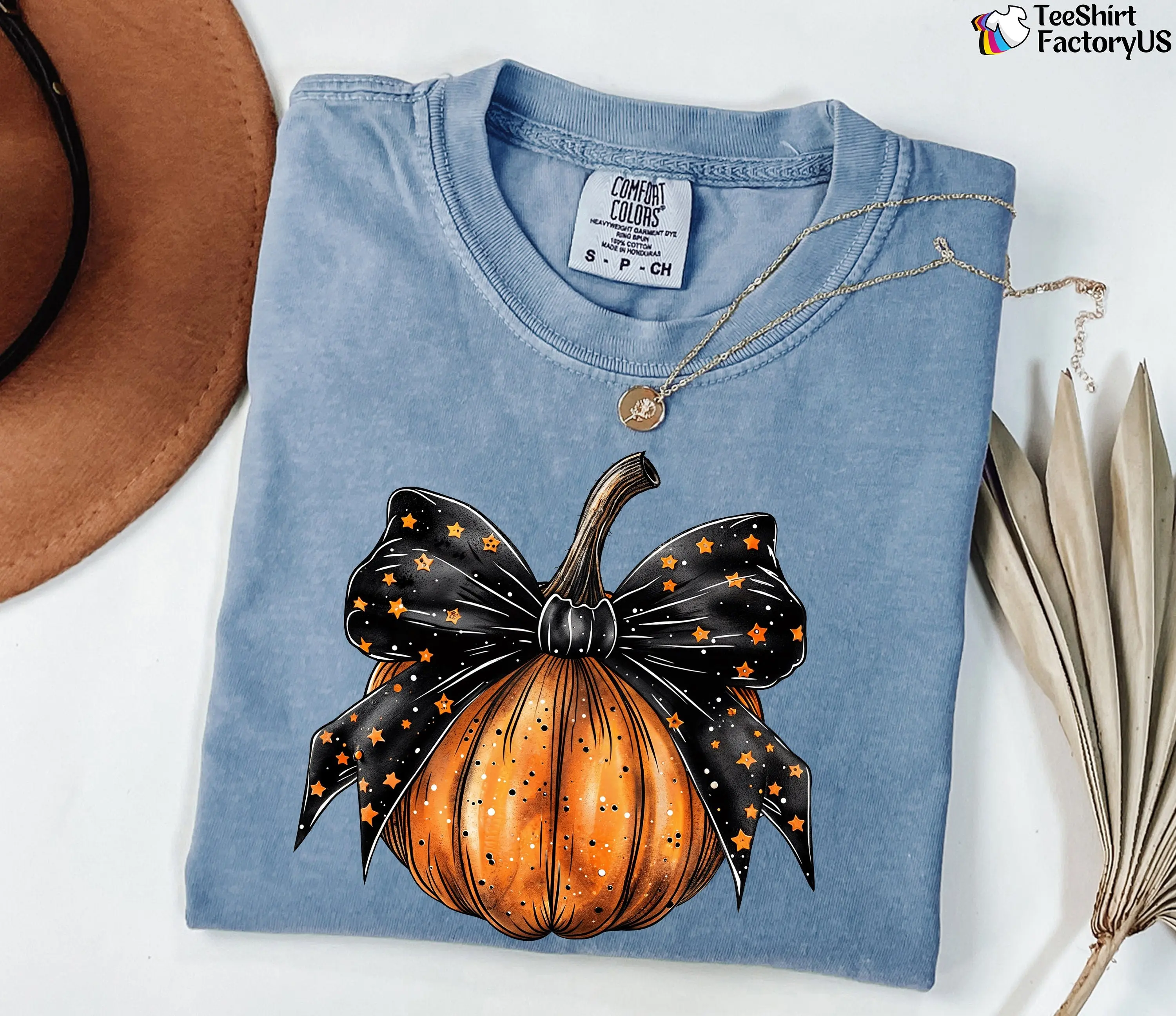 Comfort Colors Coquette Stars Bow Halloween Shirt, Cute Pumpkin Spooky Season Graphic Tee - photo 3