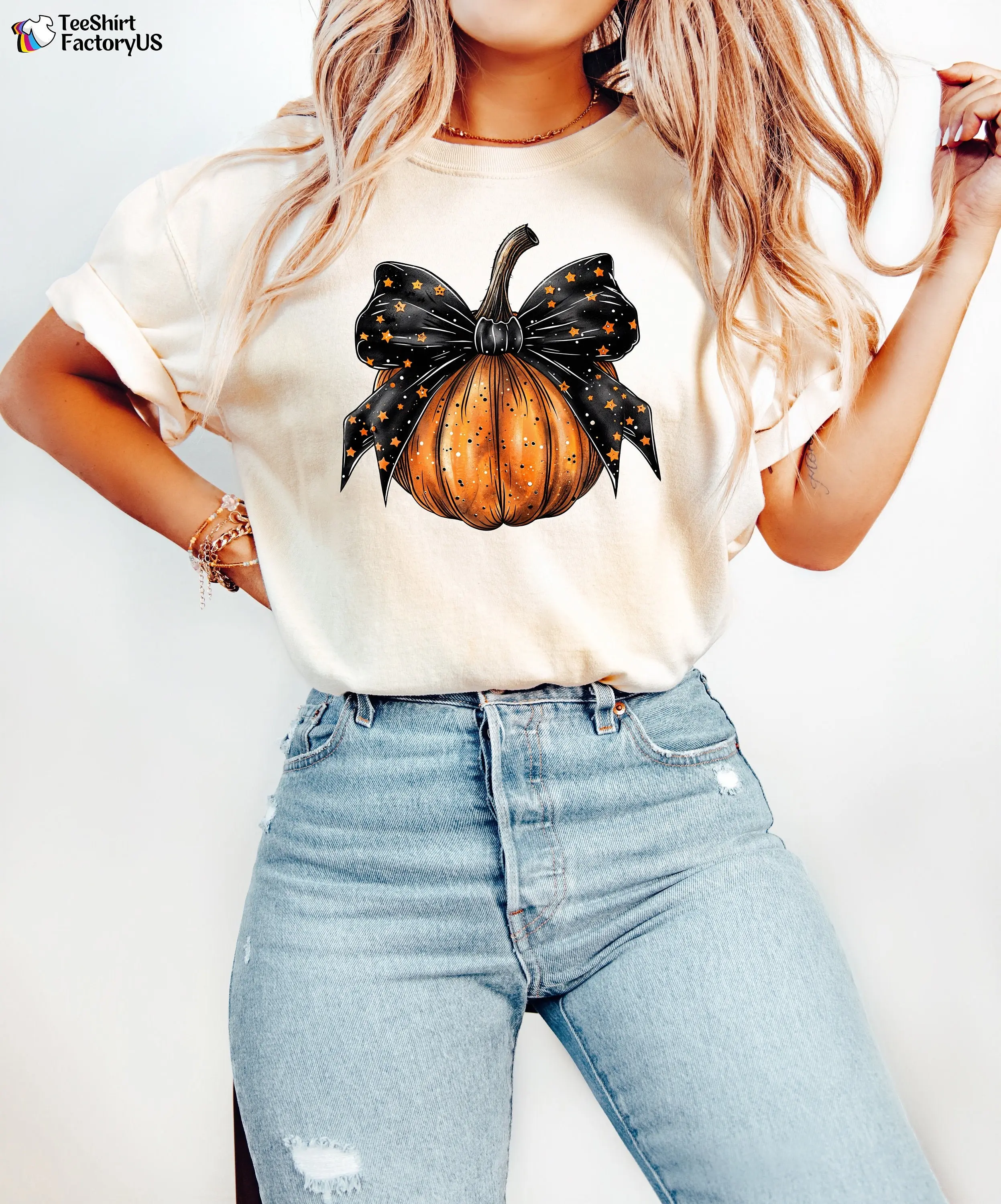 Comfort Colors Coquette Stars Bow Halloween Shirt, Cute Pumpkin Spooky Season Graphic Tee - photo 4