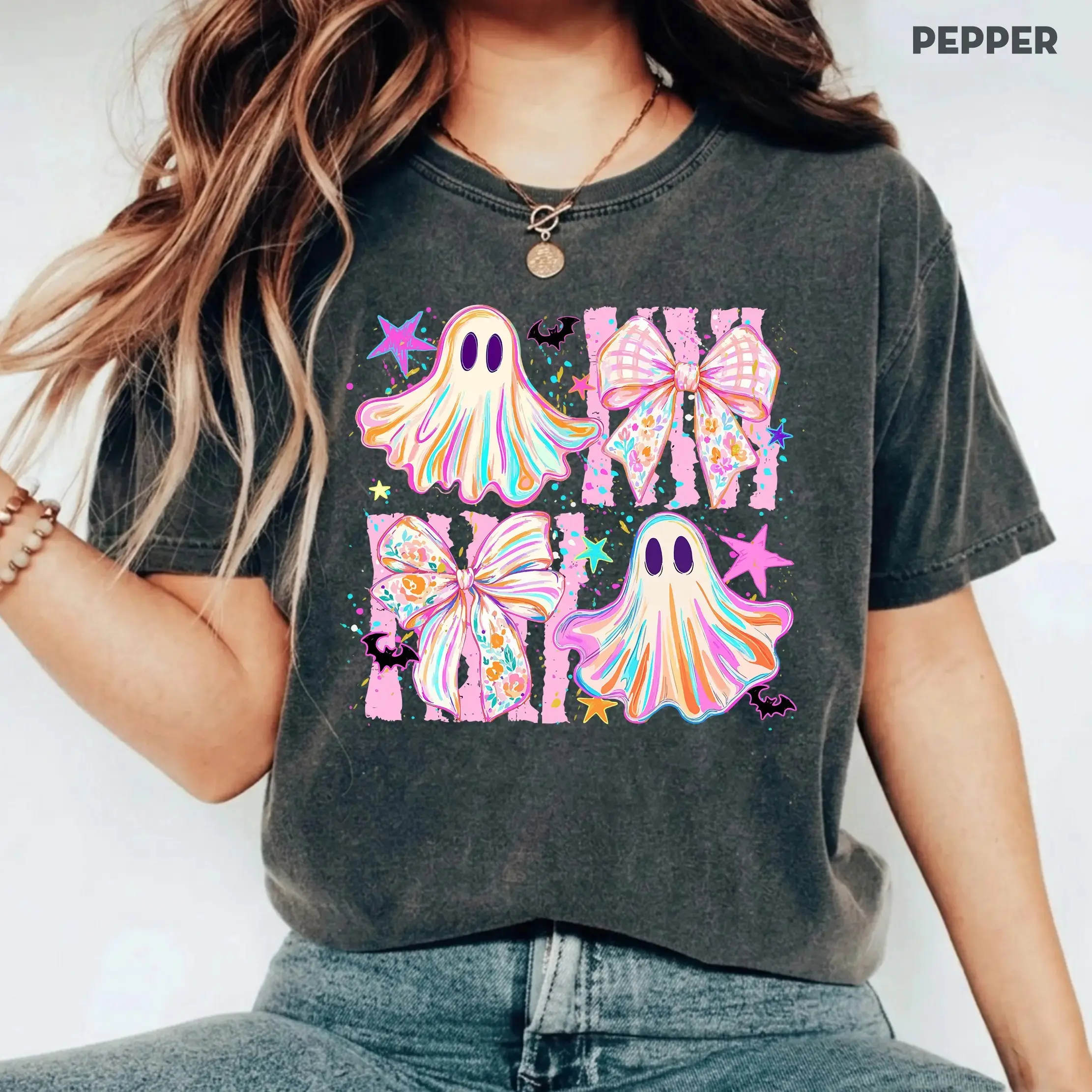 Comfort Colors Coquette Striped Summerween Shirt, Womens Spooky Ghost Summer Halloween Tee, Cute Pastel Trendy Fall Graphic Top