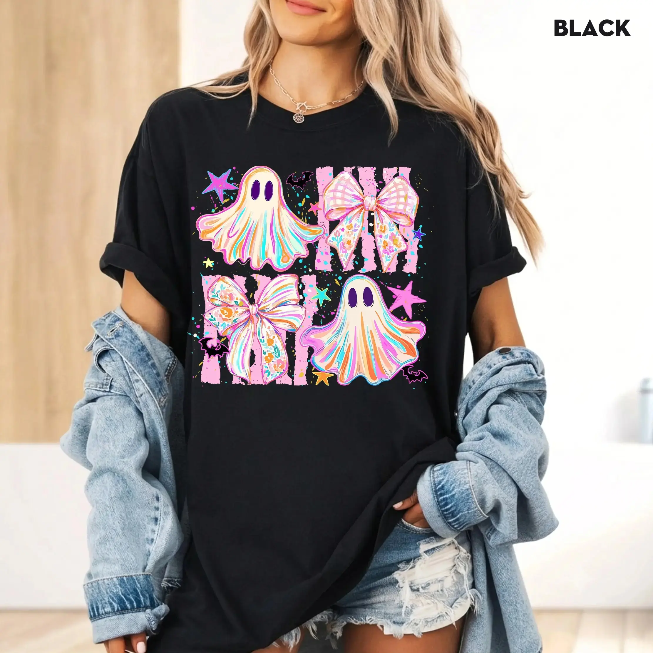Comfort Colors Coquette Striped Summerween Shirt, Womens Spooky Ghost Summer Halloween Tee, Cute Pastel Trendy Fall Graphic Top - photo 2