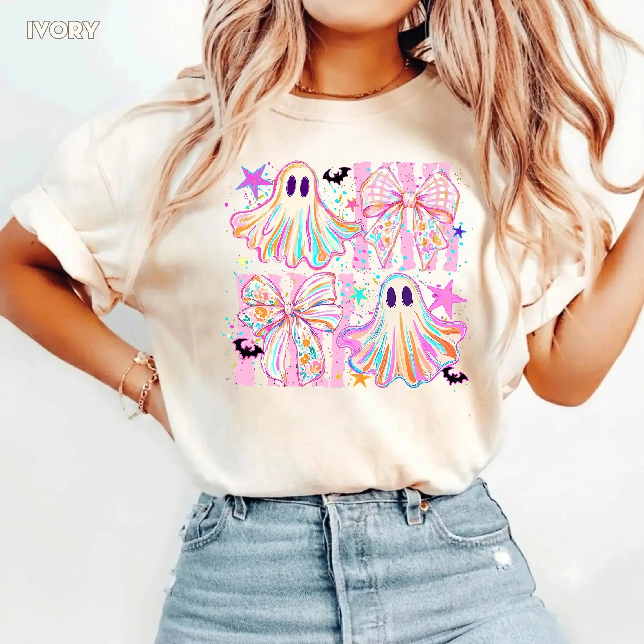Comfort Colors Coquette Striped Summerween Shirt, Womens Spooky Ghost Summer Halloween Tee, Cute Pastel Trendy Fall Graphic Top - photo 3