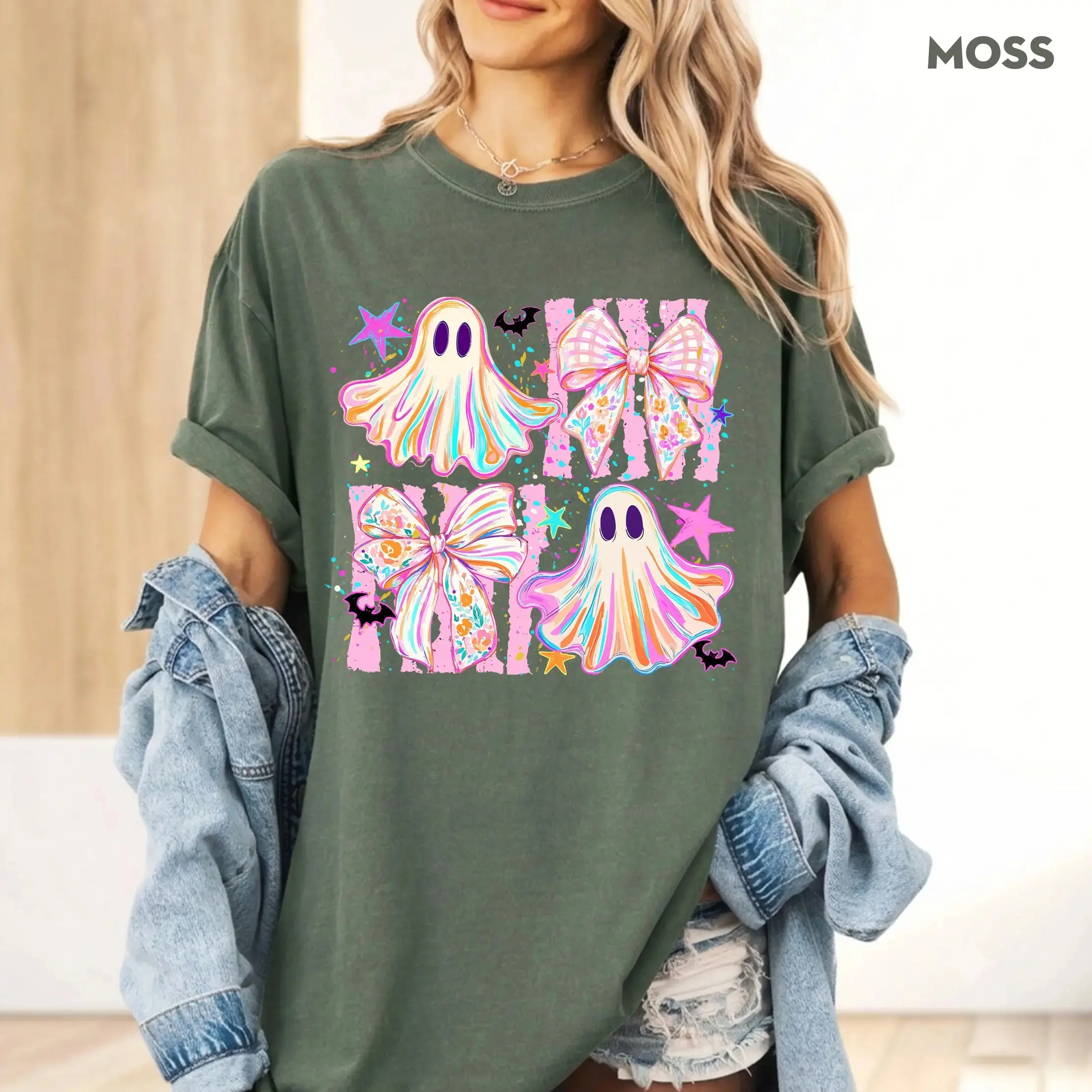 Comfort Colors Coquette Striped Summerween Shirt, Womens Spooky Ghost Summer Halloween Tee, Cute Pastel Trendy Fall Graphic Top - photo 4