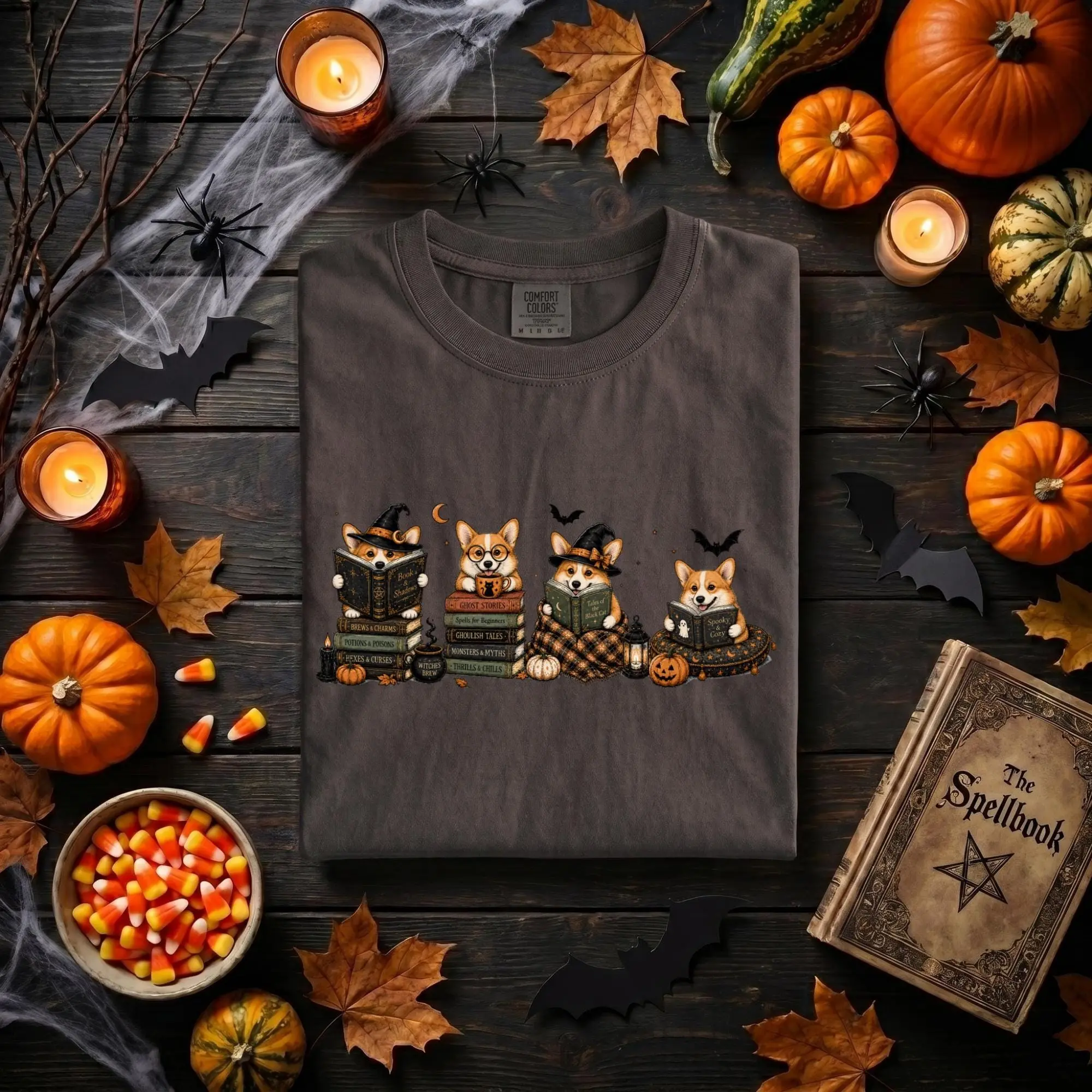 Comfort Colors Corgi Halloween Bookish Shirt, Spooky Cozy Reading Dog Tee, Gift for Readers