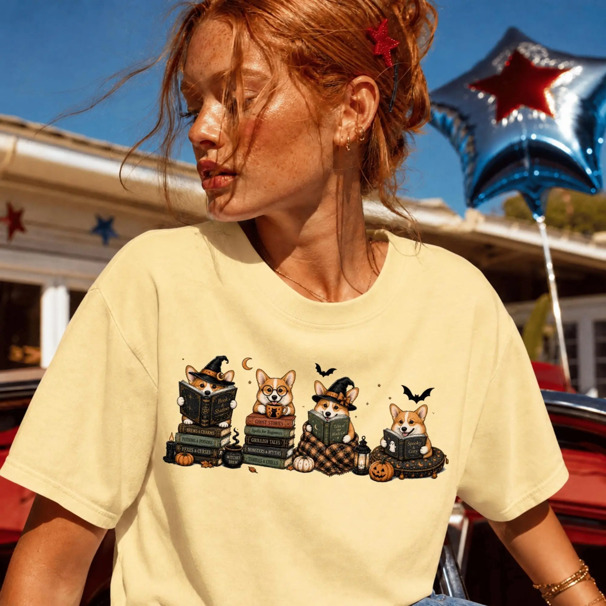 Comfort Colors Corgi Halloween Bookish Shirt, Spooky Cozy Reading Dog Tee, Gift for Readers - photo 2