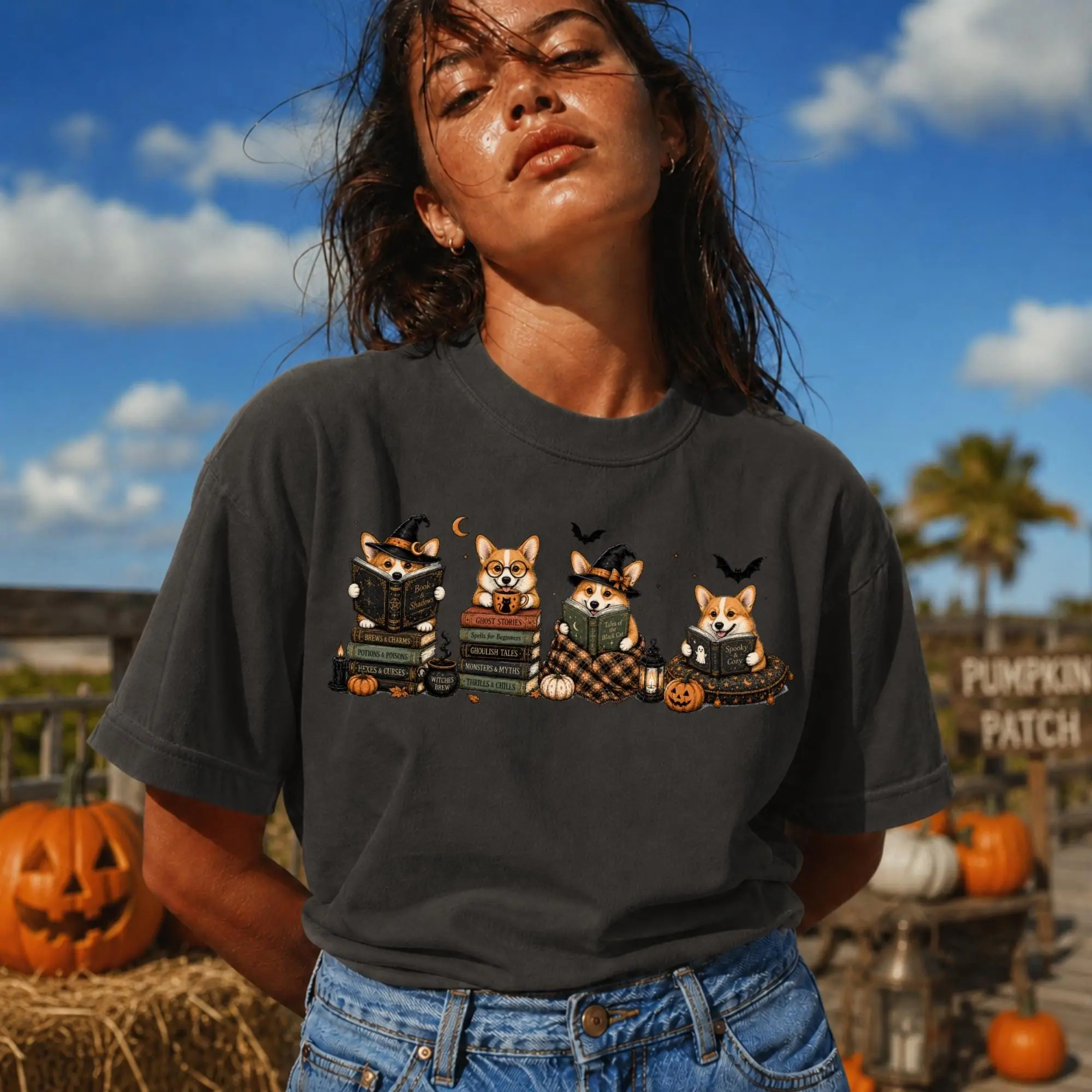 Comfort Colors Corgi Halloween Bookish Shirt, Spooky Cozy Reading Dog Tee, Gift for Readers - photo 3