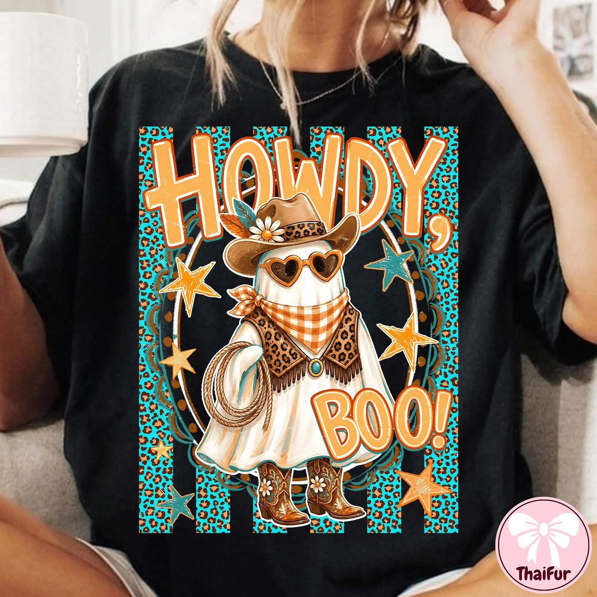 Comfort Colors Howdy Boo Cowboy Ghost Shirt, Western Stripes Cowgirl Halloween Graphic Tee - photo 3