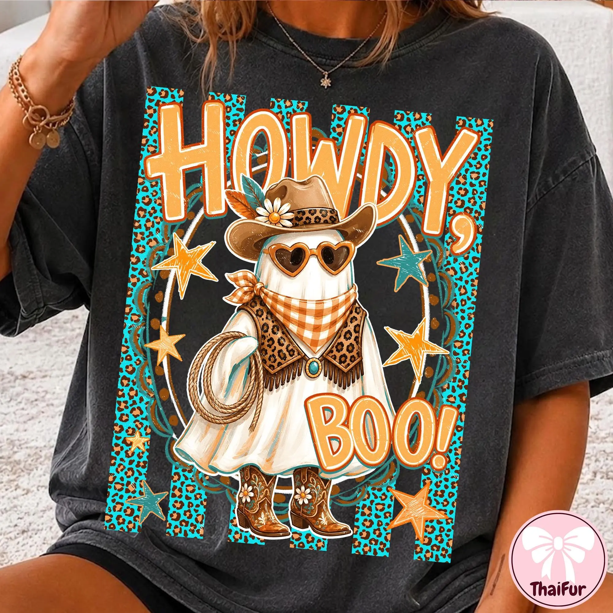 Comfort Colors Howdy Boo Cowboy Ghost Shirt, Western Stripes Cowgirl Halloween Graphic Tee - photo 5